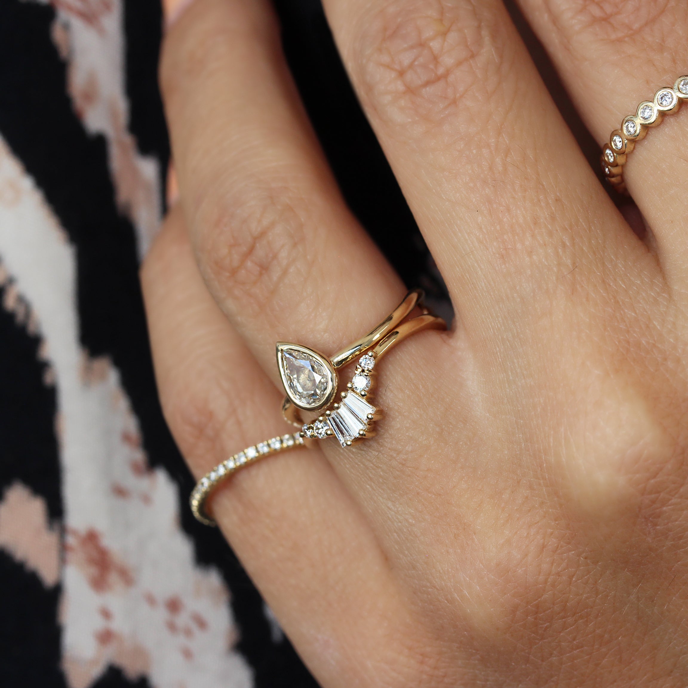 OOAK Solitaire Bezel Set, Rose Cut Pear Shape, Champagne Diamond Infinity Knot Engagement Ring, 14K Yellow Gold, Size 6