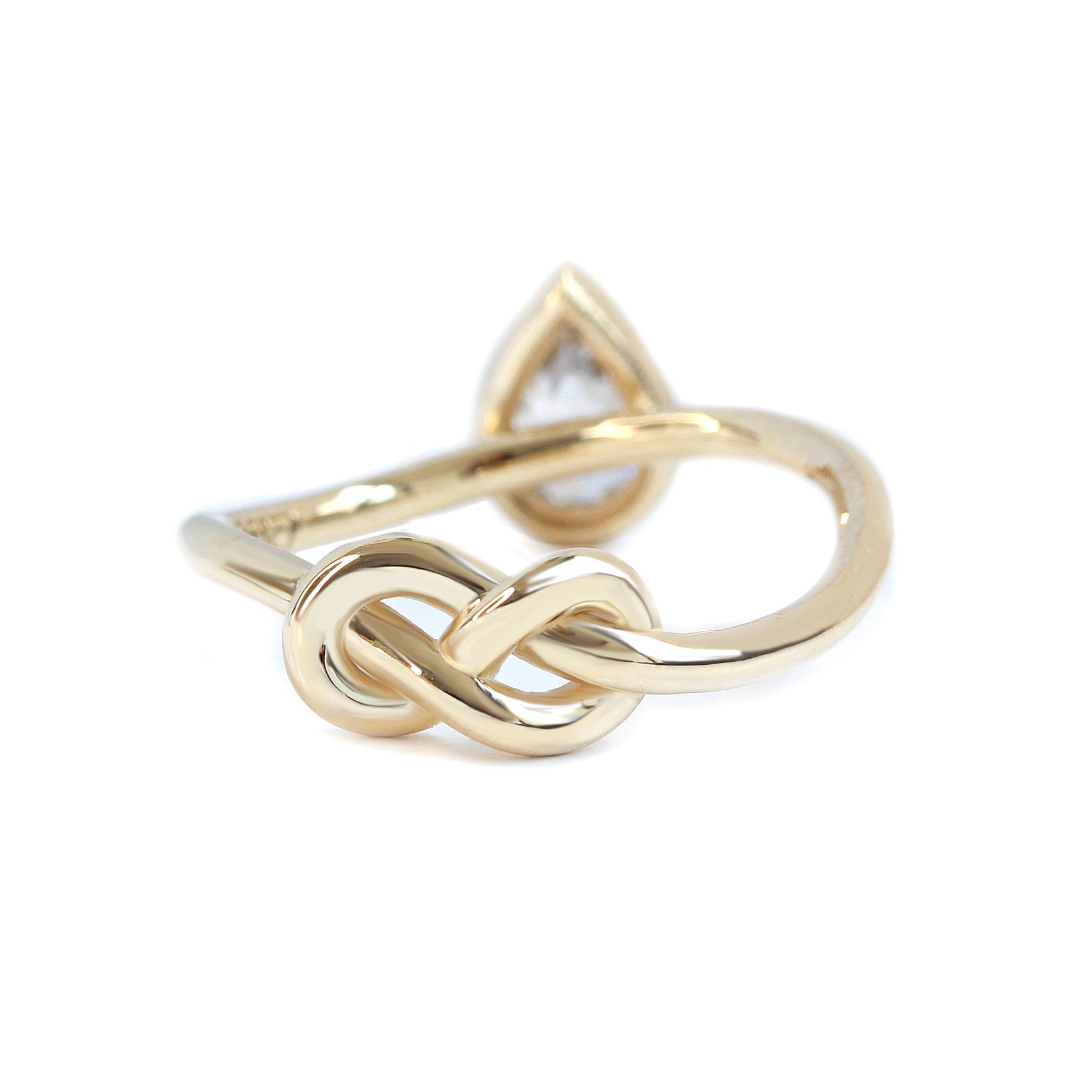 OOAK Solitaire Bezel Set, Rose Cut Pear Shape, Champagne Diamond Infinity Knot Engagement Ring, 14K Yellow Gold, Size 6