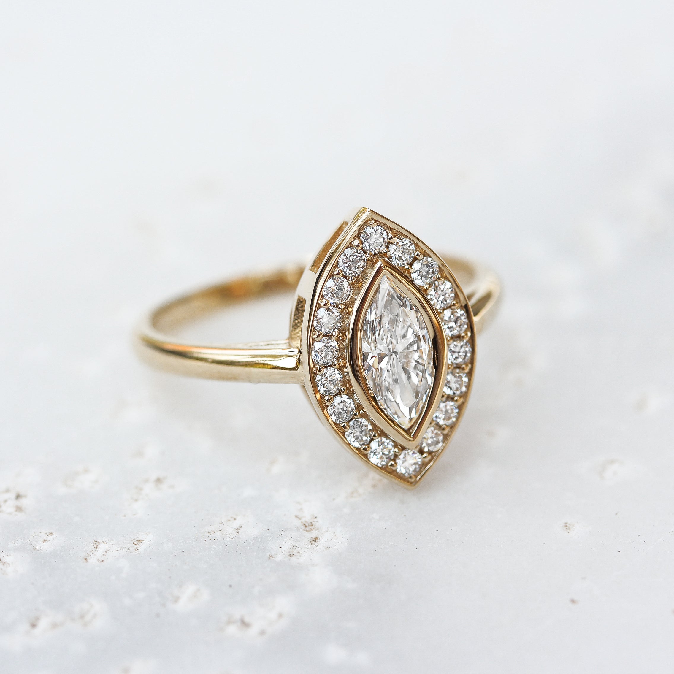 Ola Marquise Diamond Bezel Set with Big diamonds halo - sillyshinydiamonds