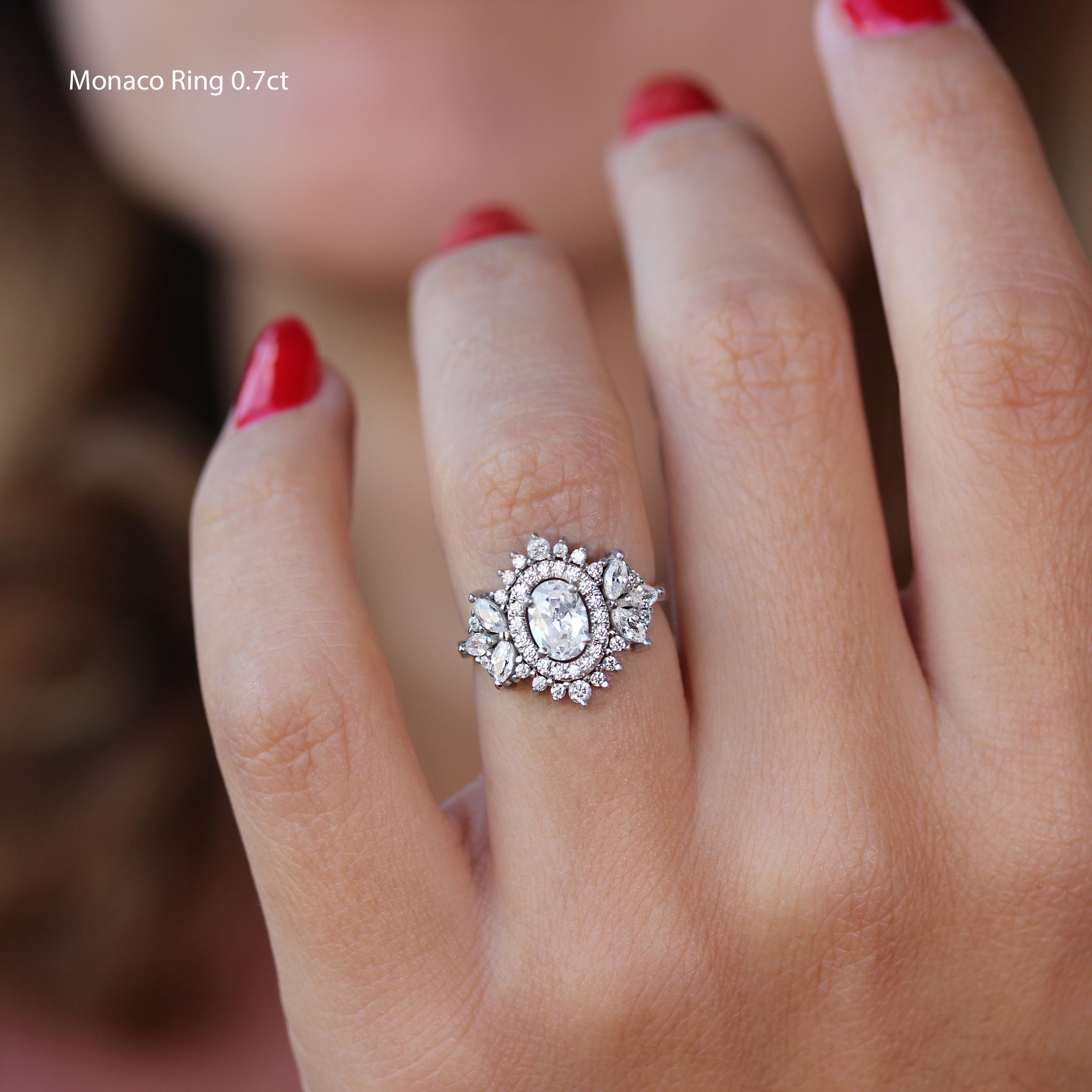 Double halo 0.70ct oval diamond royal engagement ring Monaco white gold made by silly shiny diamonds
