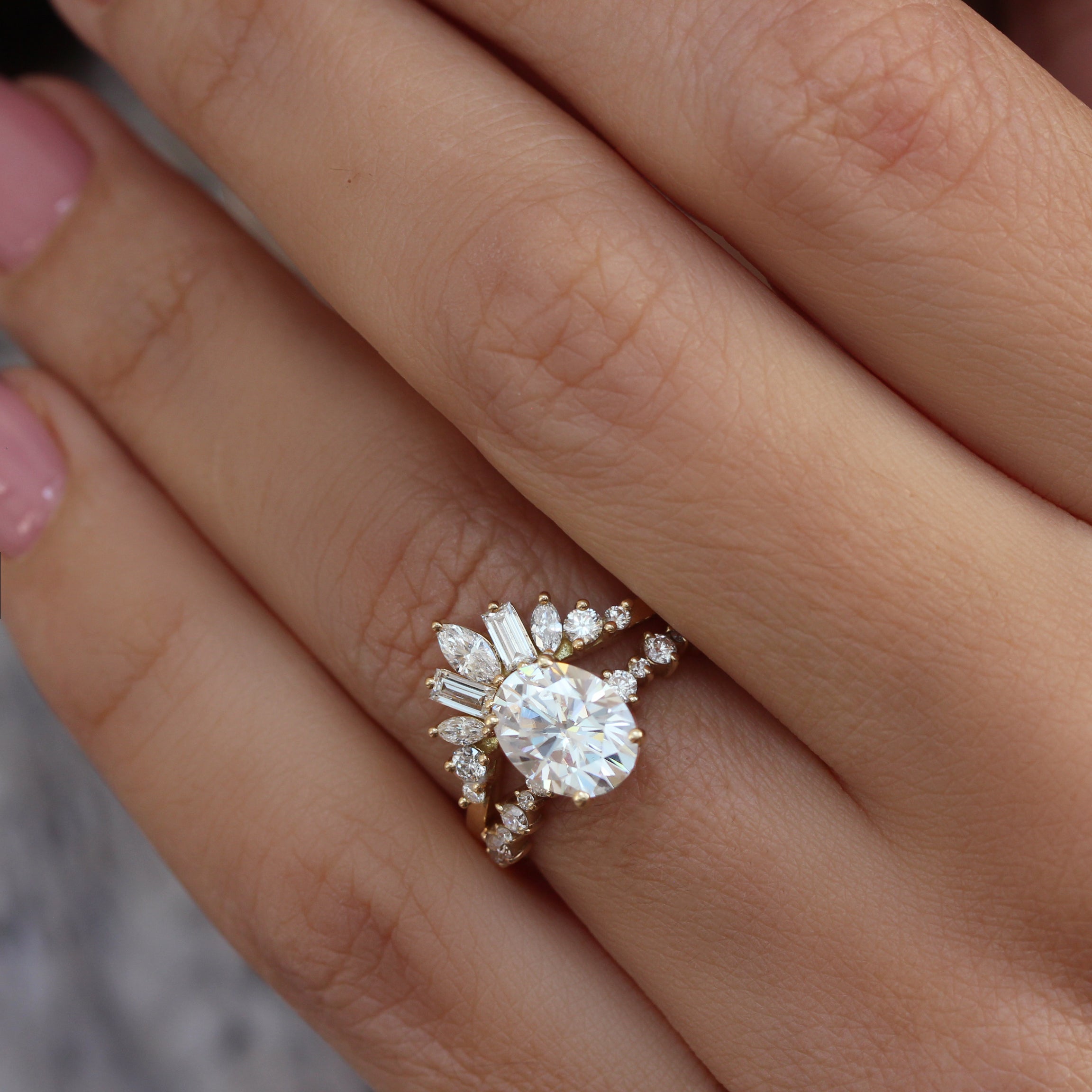 Oval Diamond Dots Band Classic Engagement Ring With Diamond Nesting Wedding Ring - Margo & Ally V