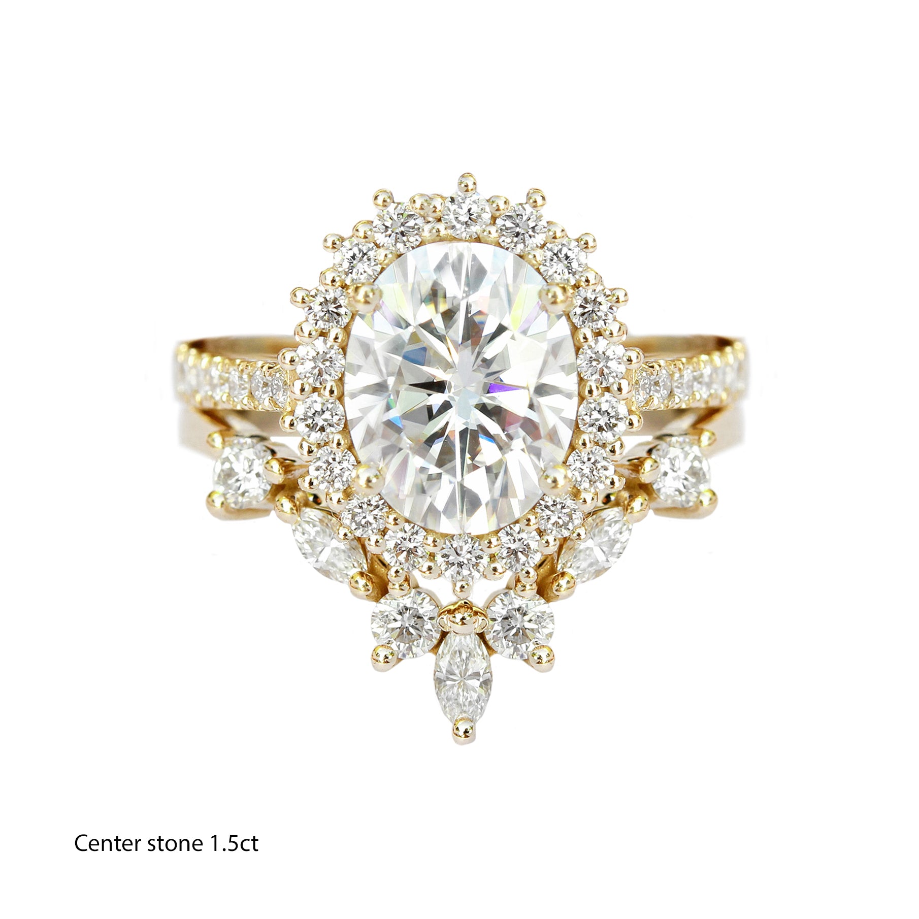 Oval Diamond Halo Engagement ring "Nia" & "Hermes" Wedding Band Two Rings Set