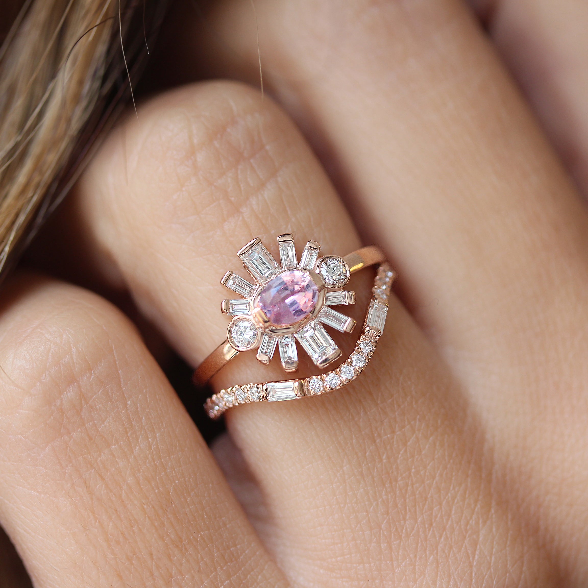 Oval Pink Sapphire & Baguette Diamonds Sun Ring