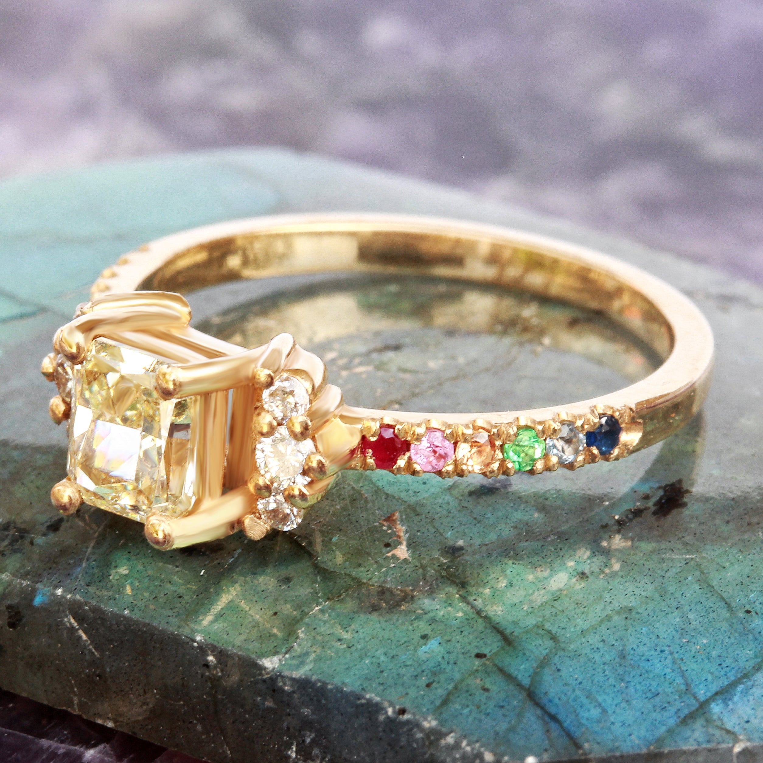 Parvati Princess Cut Yellow Diamond Engagement Ring With Colorful Gemstone Rainbow on Band - sillyshinydiamonds