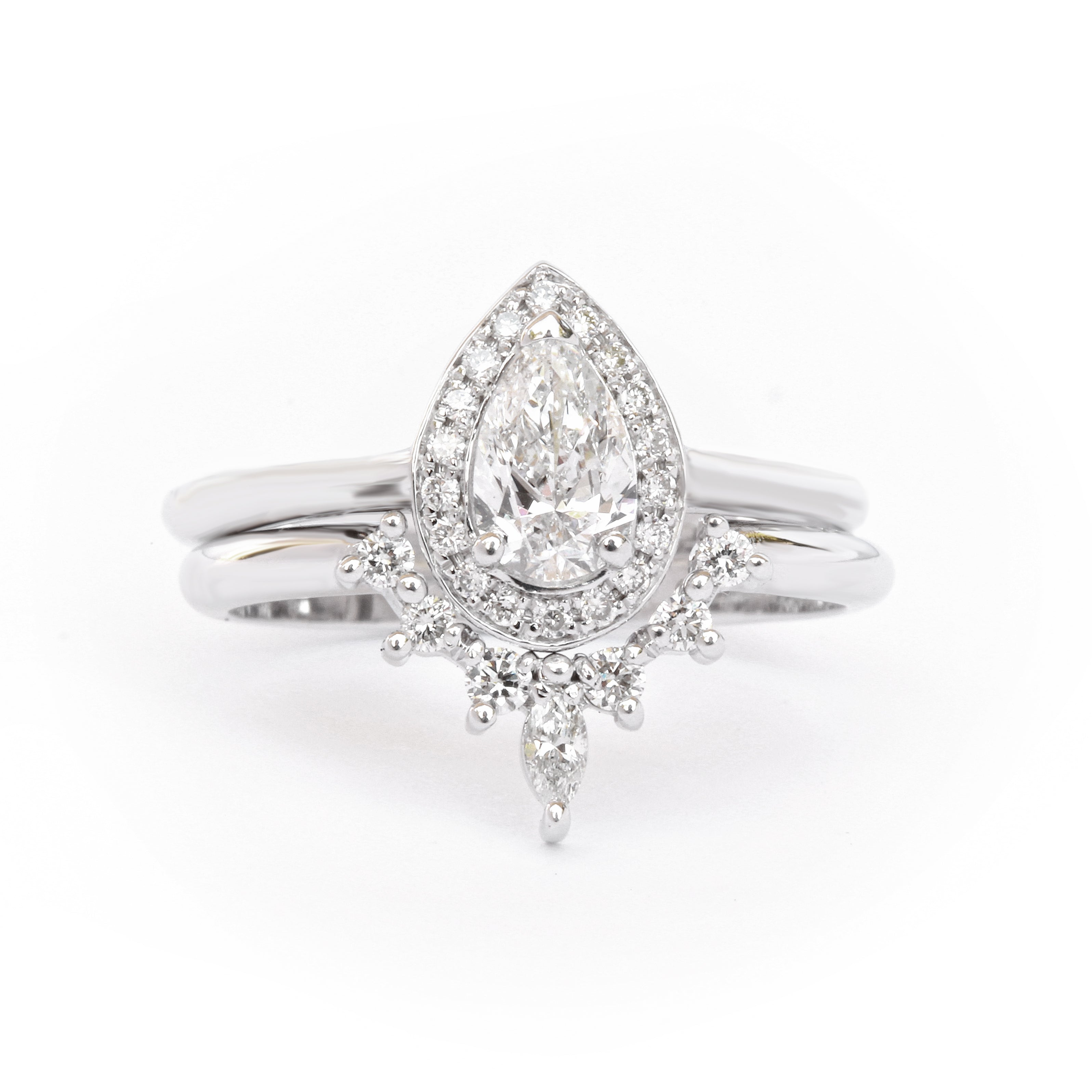 Pear Diamond 0.75ct Halo Engagement Ring & Romi Diamond wedding side ring - sillyshinydiamonds