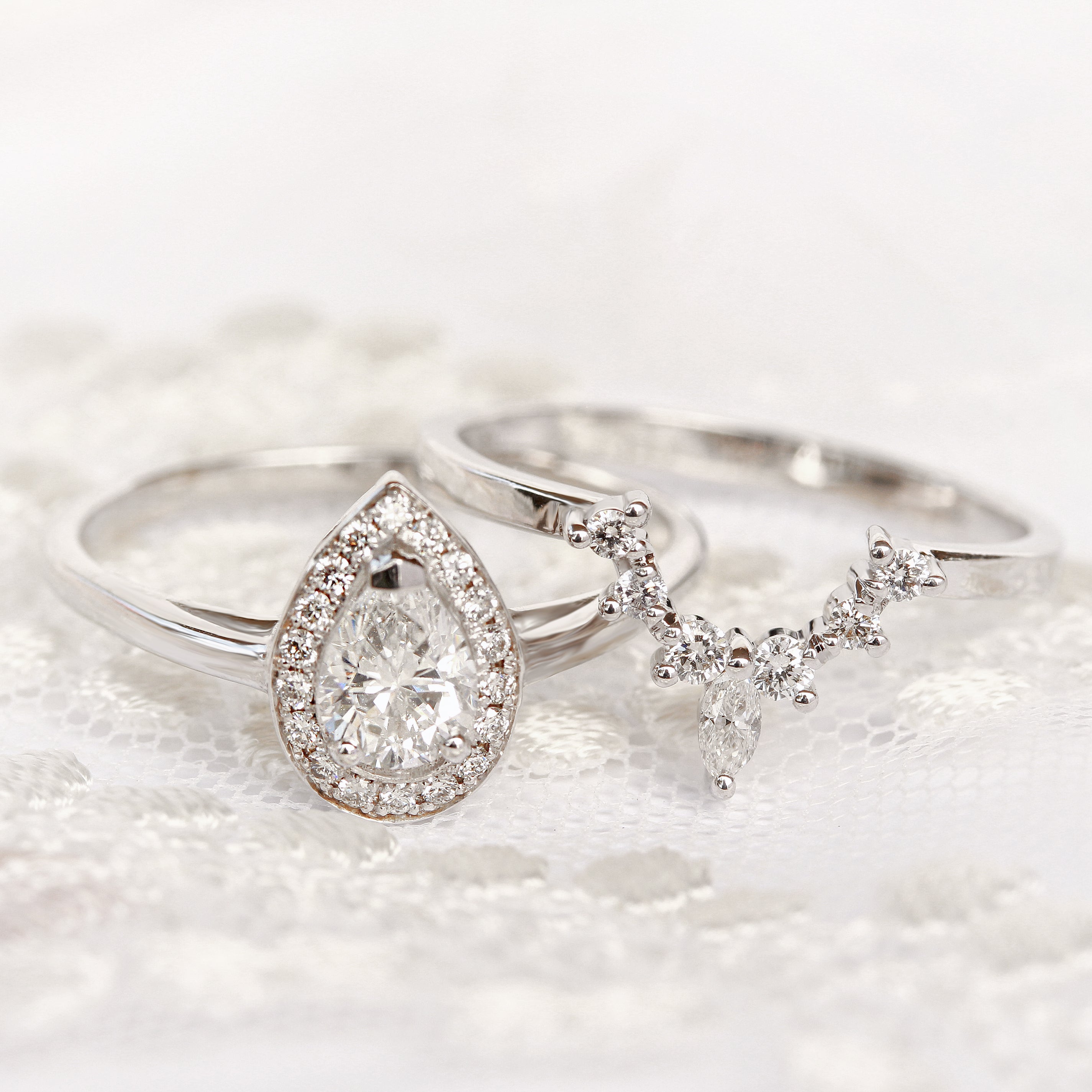 Pear Diamond 0.75ct Halo Engagement Ring & Romi Diamond wedding side ring - sillyshinydiamonds