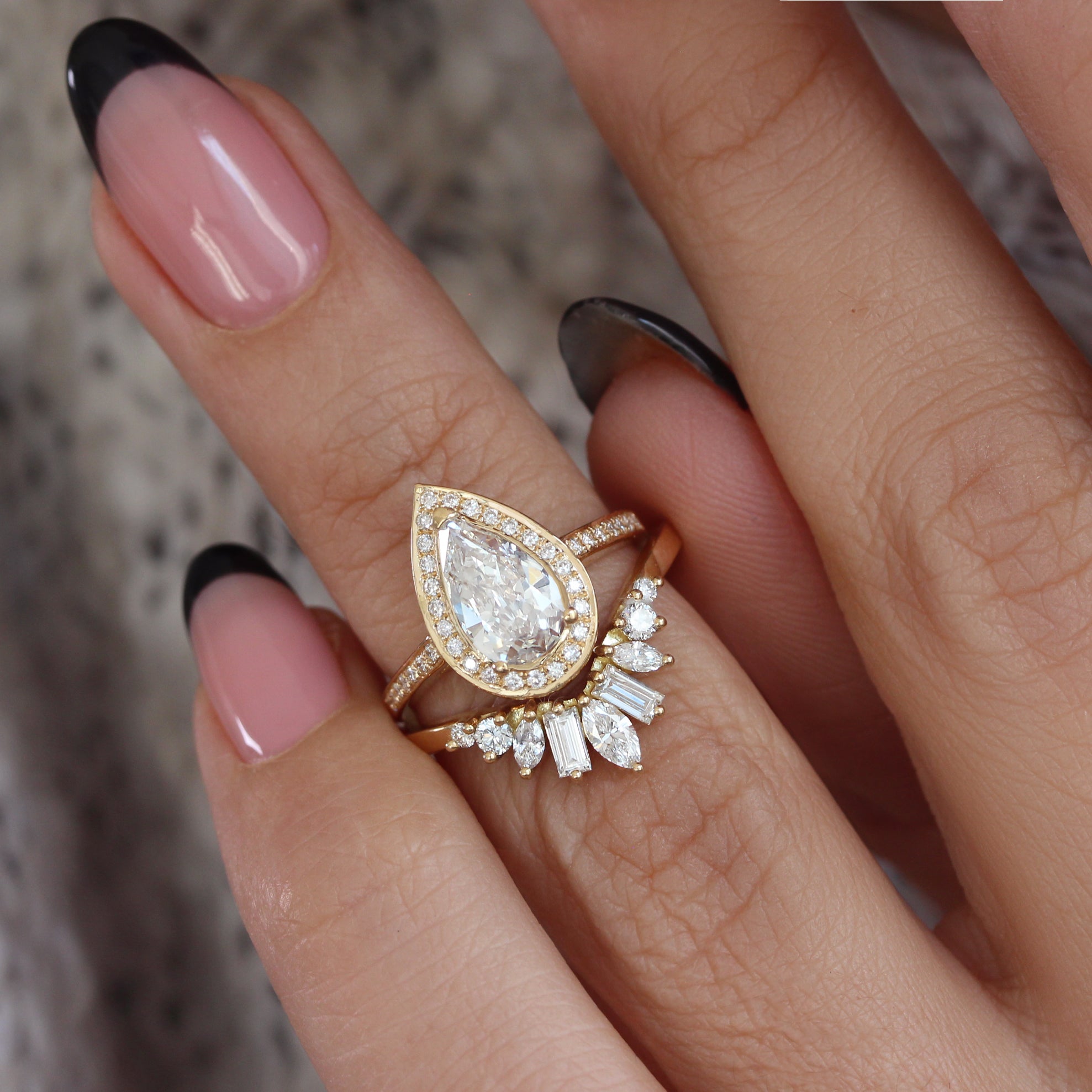 Pear Diamond Engagement Ring With Nesting Sideband, Bridal Two Rings Set - Nia & Ally V