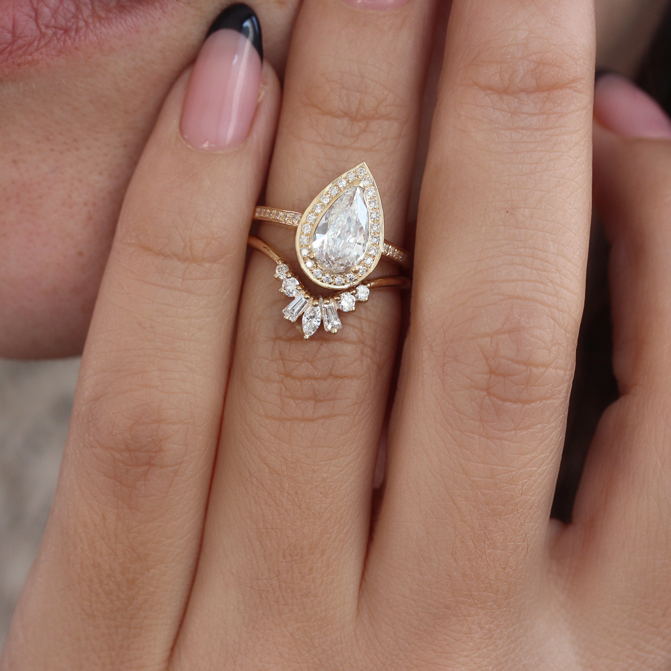 Pear Diamond Engagement Ring With Nesting Sideband, Bridal Two Rings Set - Nia & Ally V