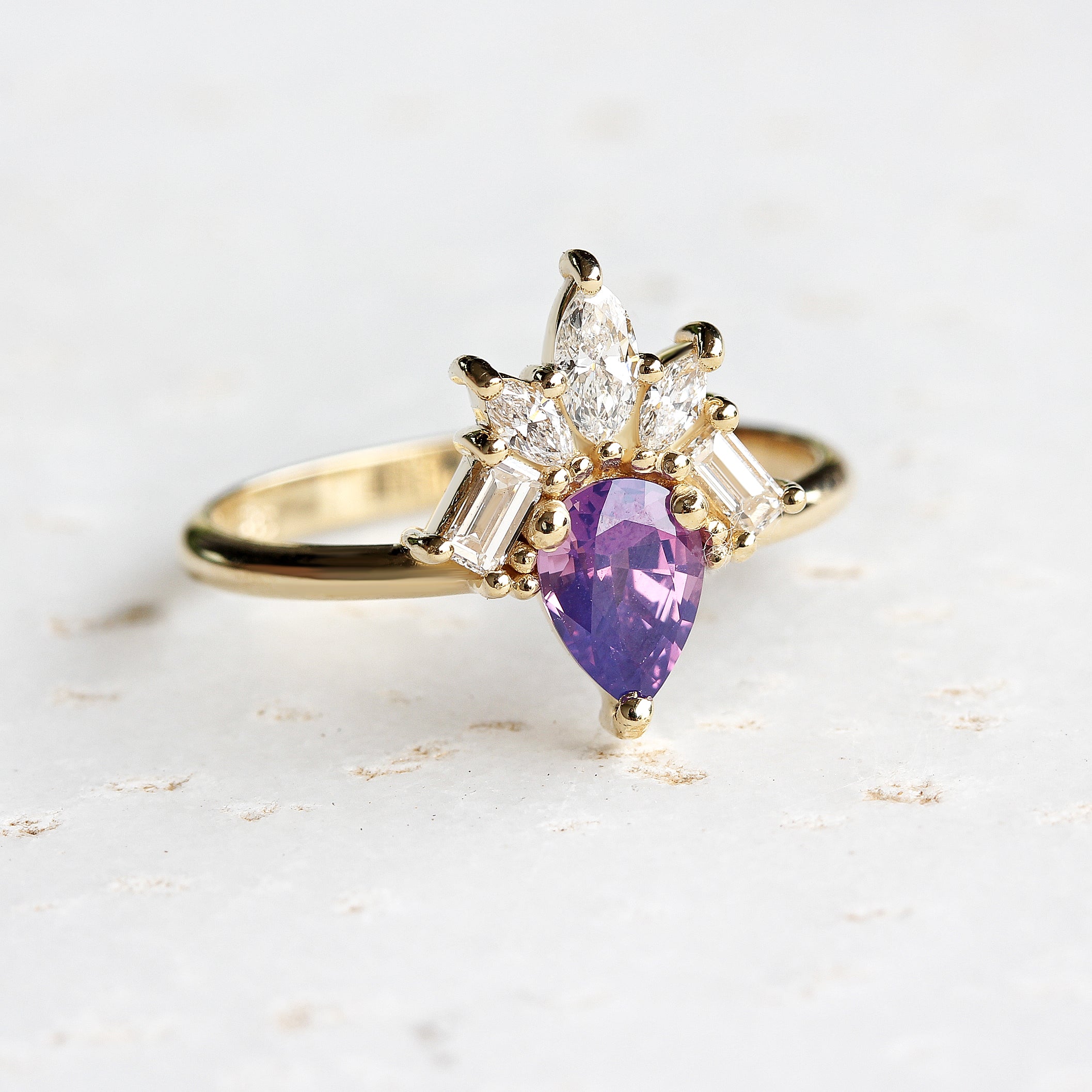 Purple pear Sapphire & Diamonds Engagement Ring, Gatsby - 14K Yellow gold ring, Size 6.5 ,ready to ship - sillyshinydiamonds