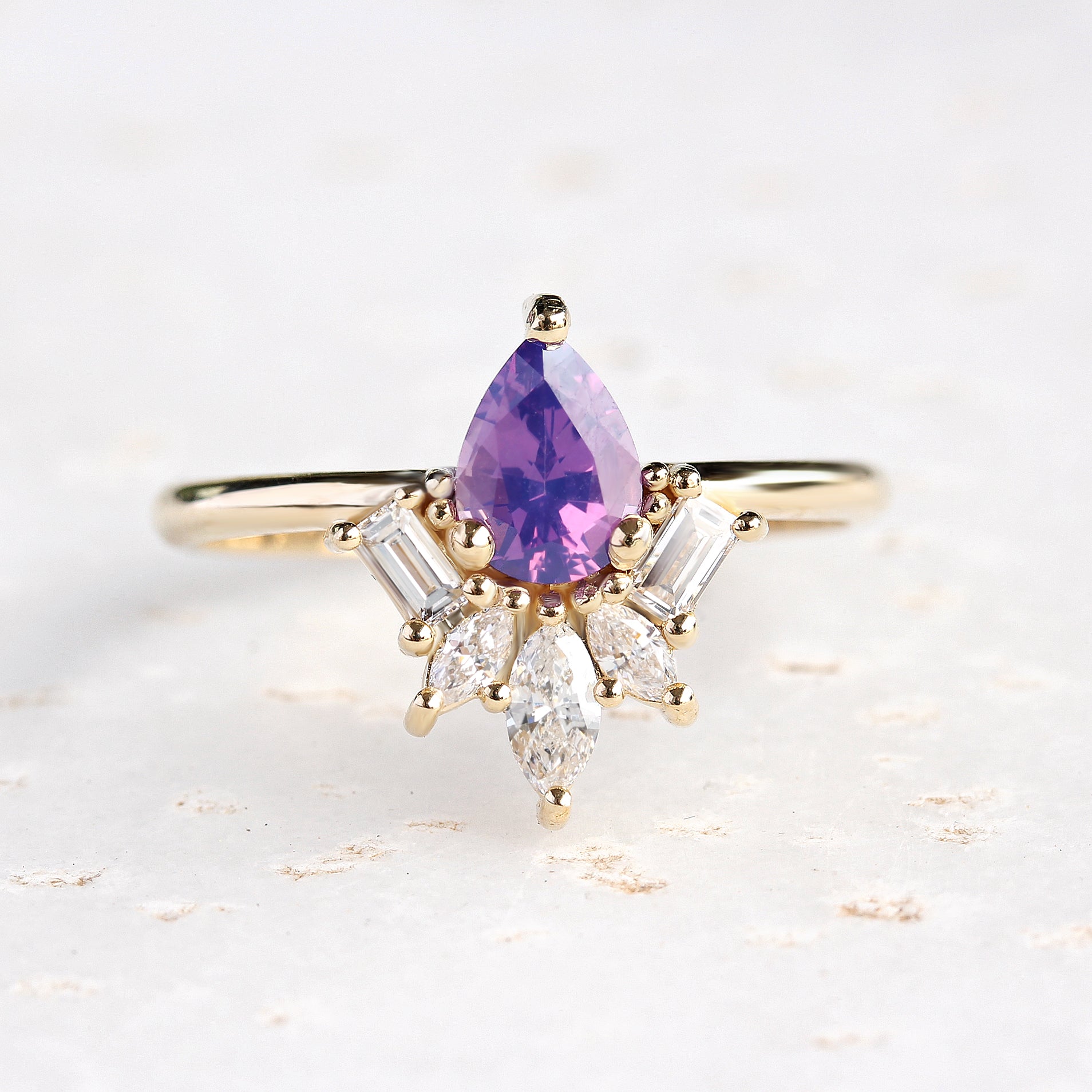 Purple pear Sapphire & Diamonds Engagement Ring, Gatsby - 14K Yellow gold ring, Size 6.5 ,ready to ship - sillyshinydiamonds