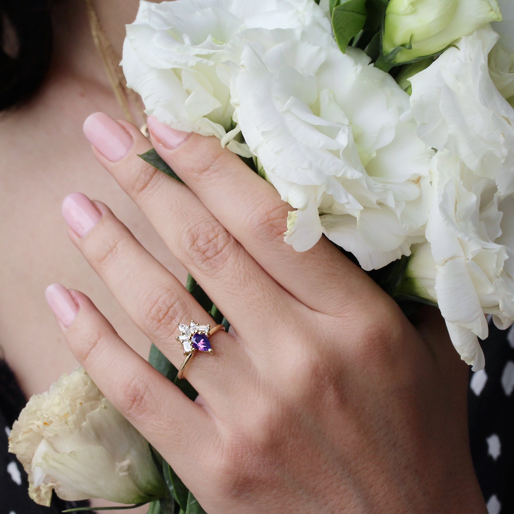 Purple pear Sapphire & Diamonds Engagement Ring, Gatsby - 14K Yellow gold ring, Size 6.5 ,ready to ship - sillyshinydiamonds