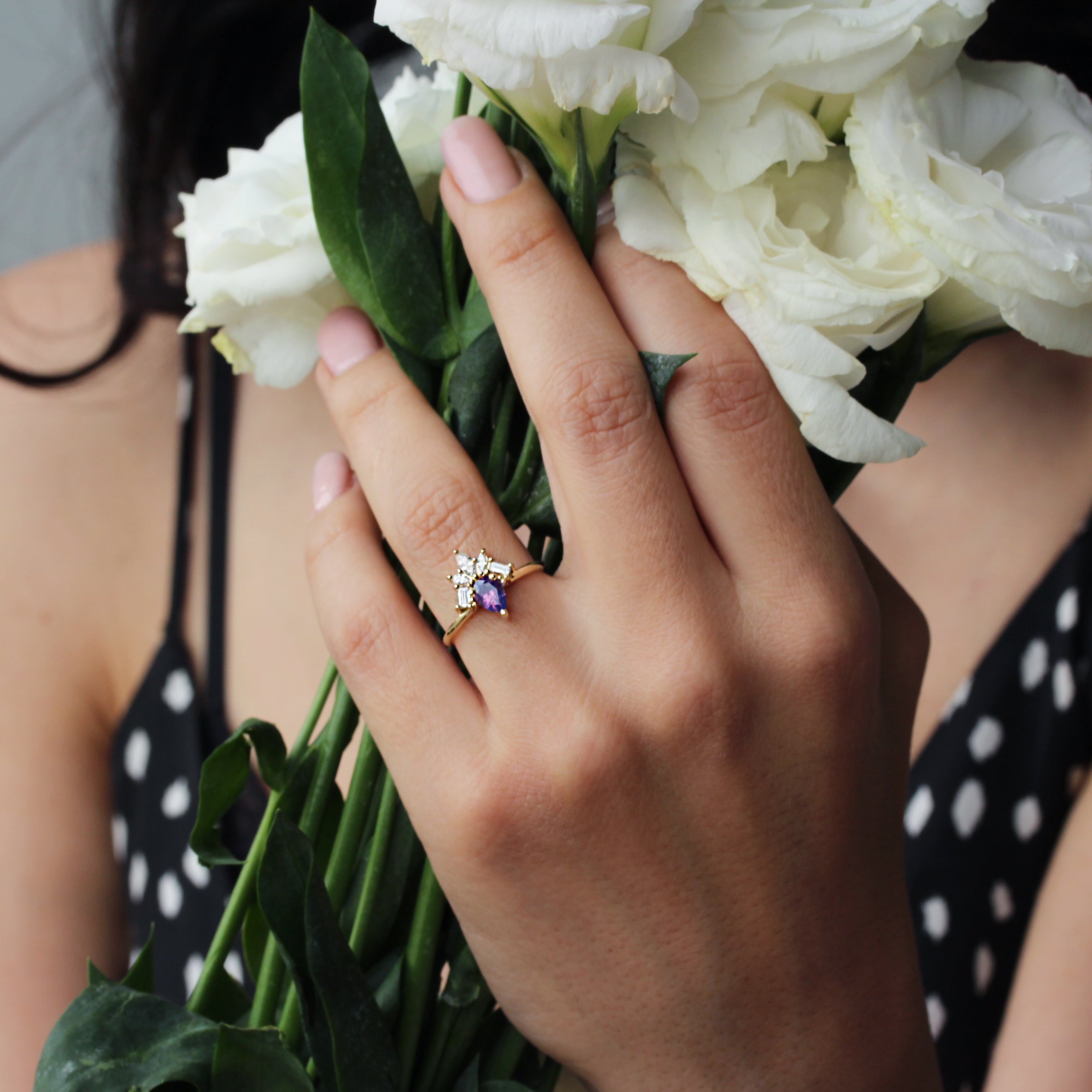 Purple pear Sapphire & Diamonds Engagement Ring, Gatsby - 14K Yellow gold ring, Size 6.5 ,ready to ship - sillyshinydiamonds