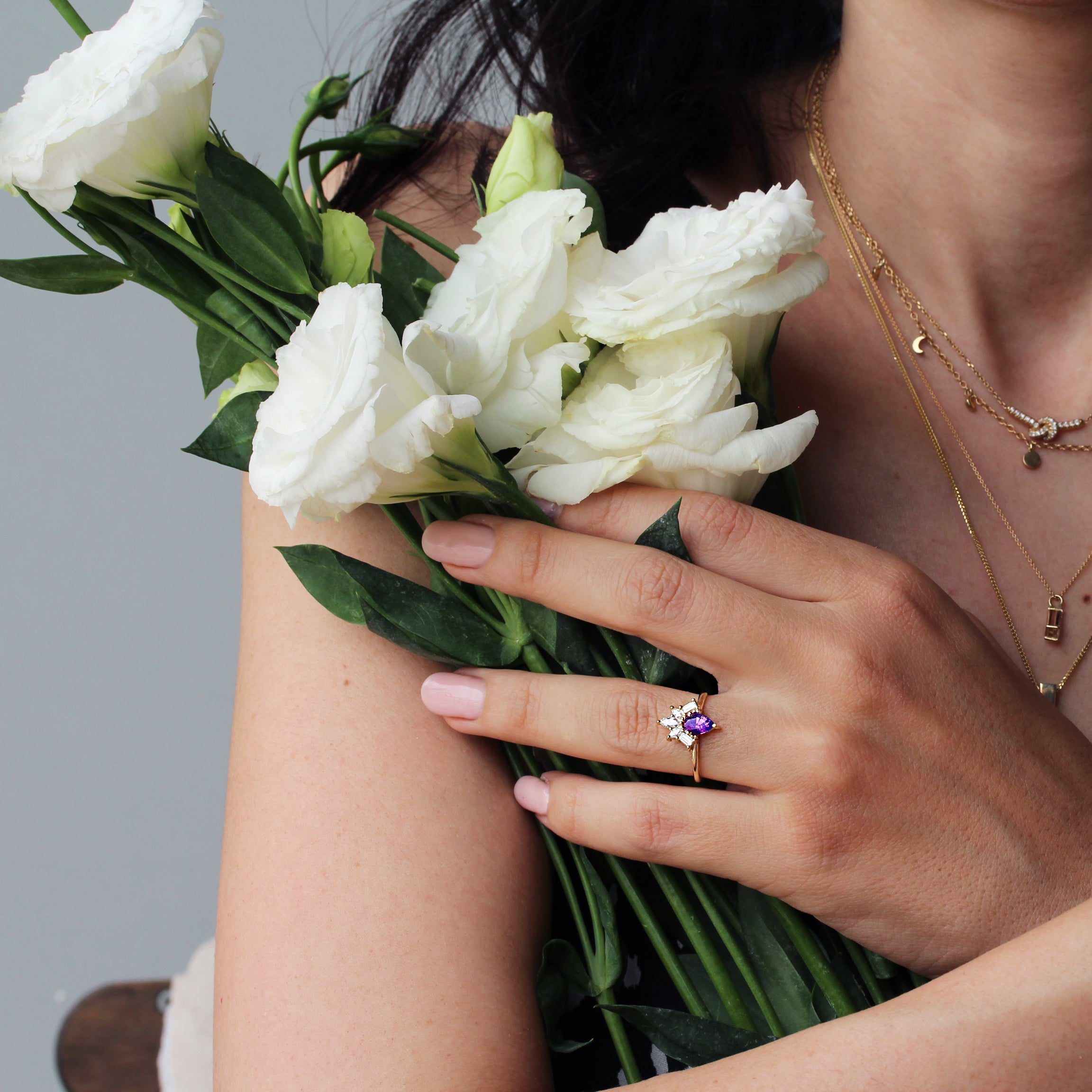 Purple pear Sapphire & Diamonds Engagement Ring, Gatsby - 14K Yellow gold ring, Size 6.5 ,ready to ship - sillyshinydiamonds