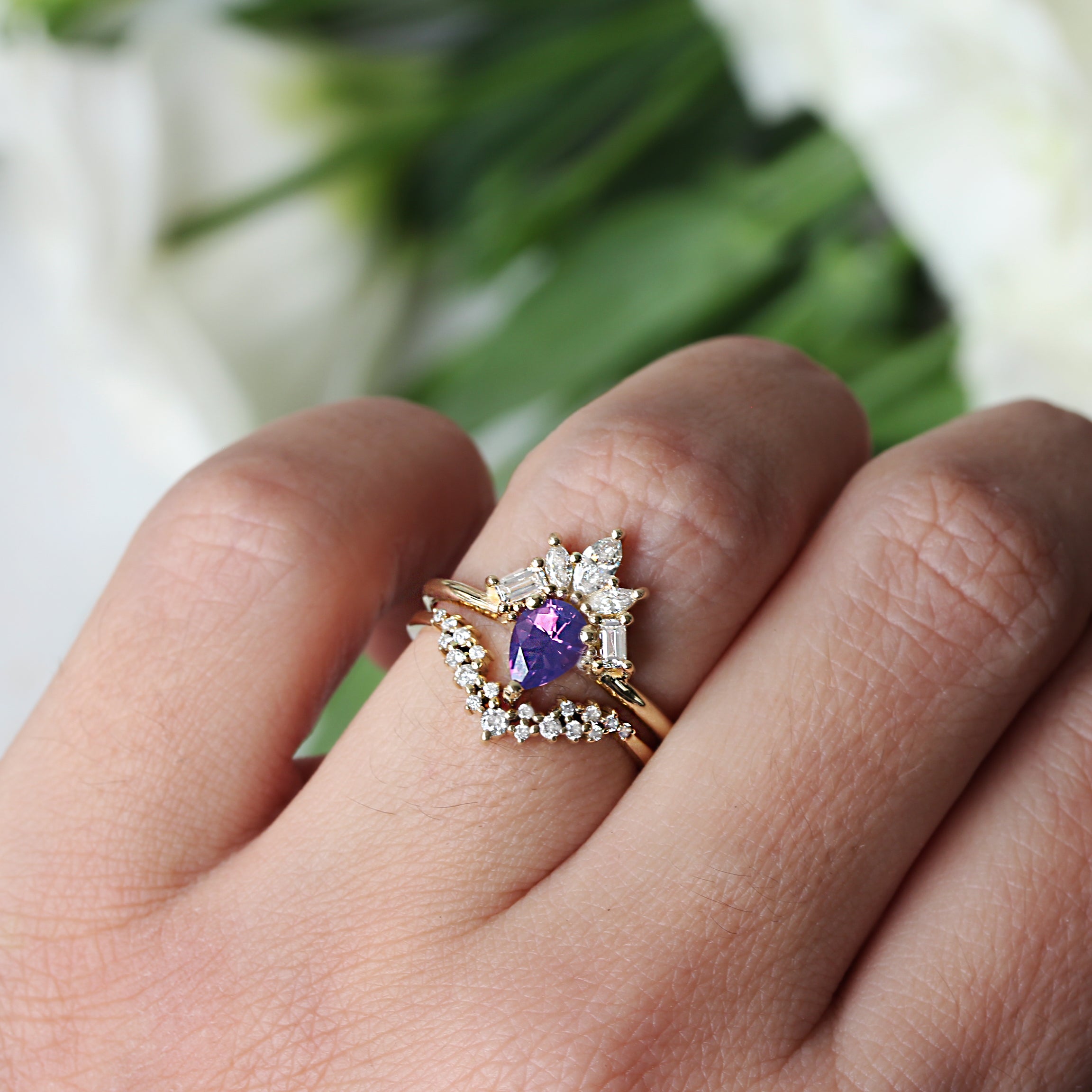 Purple pear Sapphire & Diamonds Engagement Ring, Gatsby - 14K Yellow gold ring, Size 6.5 ,ready to ship - sillyshinydiamonds