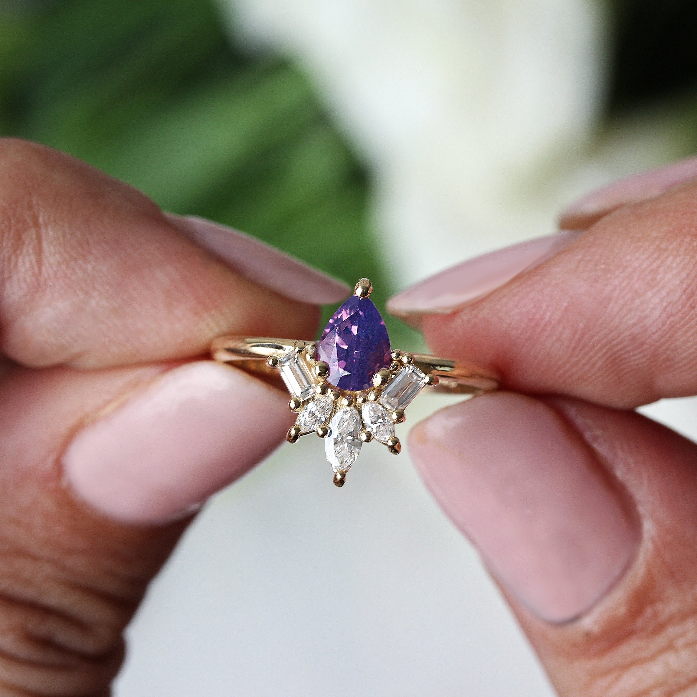 Purple pear Sapphire & Diamonds Engagement Ring, Gatsby - 14K Yellow gold ring, Size 6.5 ,ready to ship - sillyshinydiamonds