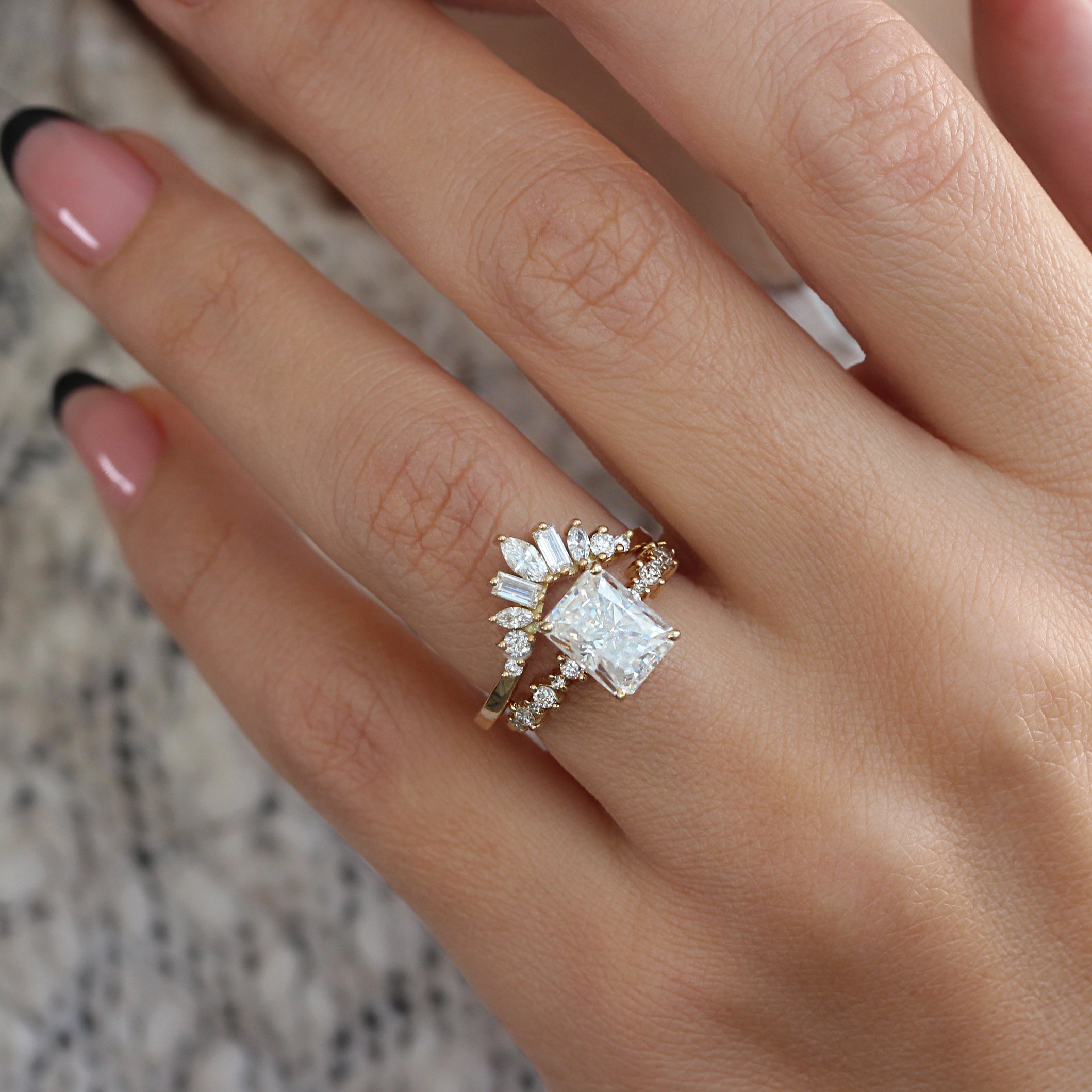 Bright Radiant / Emerald Diamond Engagement Ring With Matching Nesting Sideband, Bridal Ring Set - "Margo" & "Ally V"