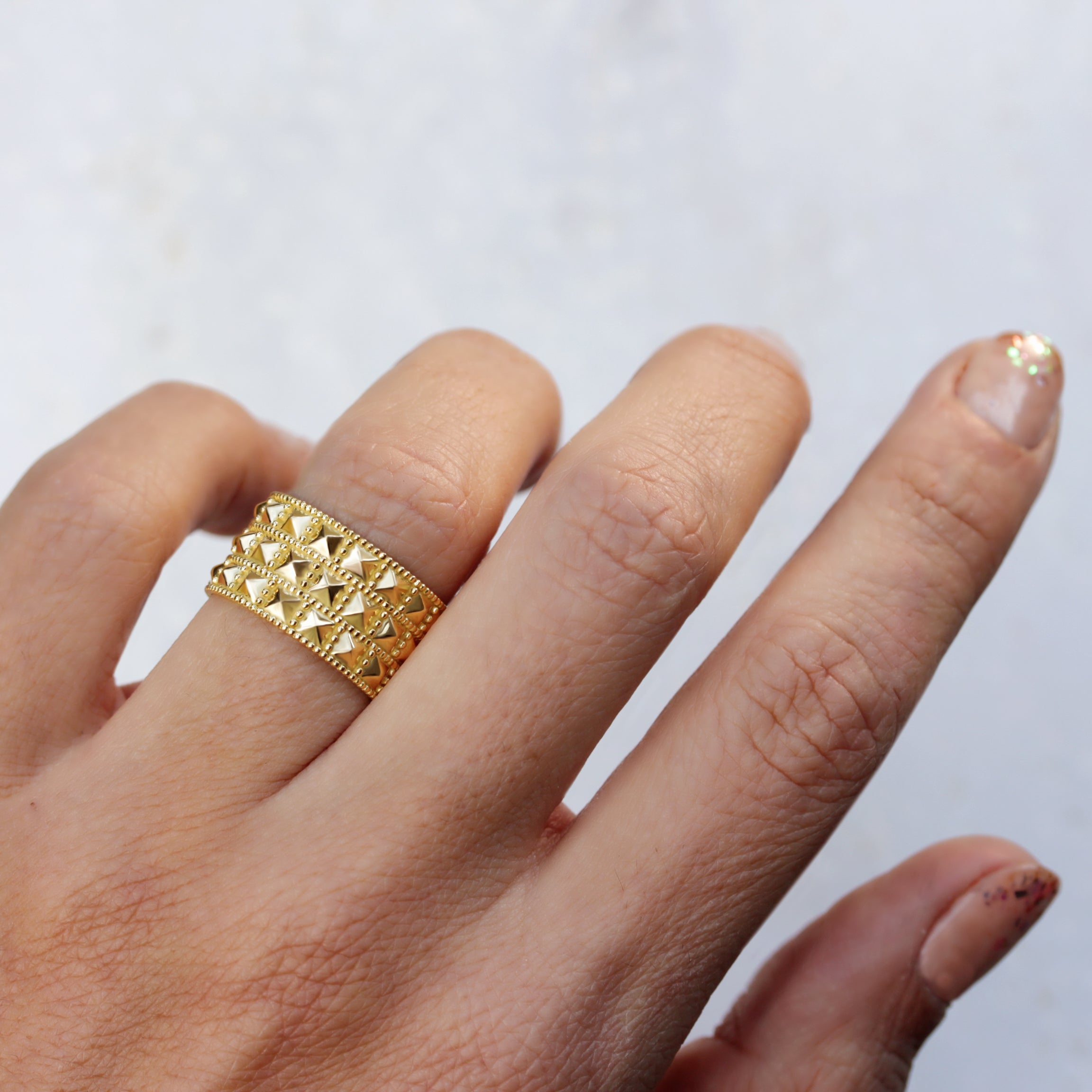 Pyramid Wide gold Wedding Ring, Sahara - sillyshinydiamonds