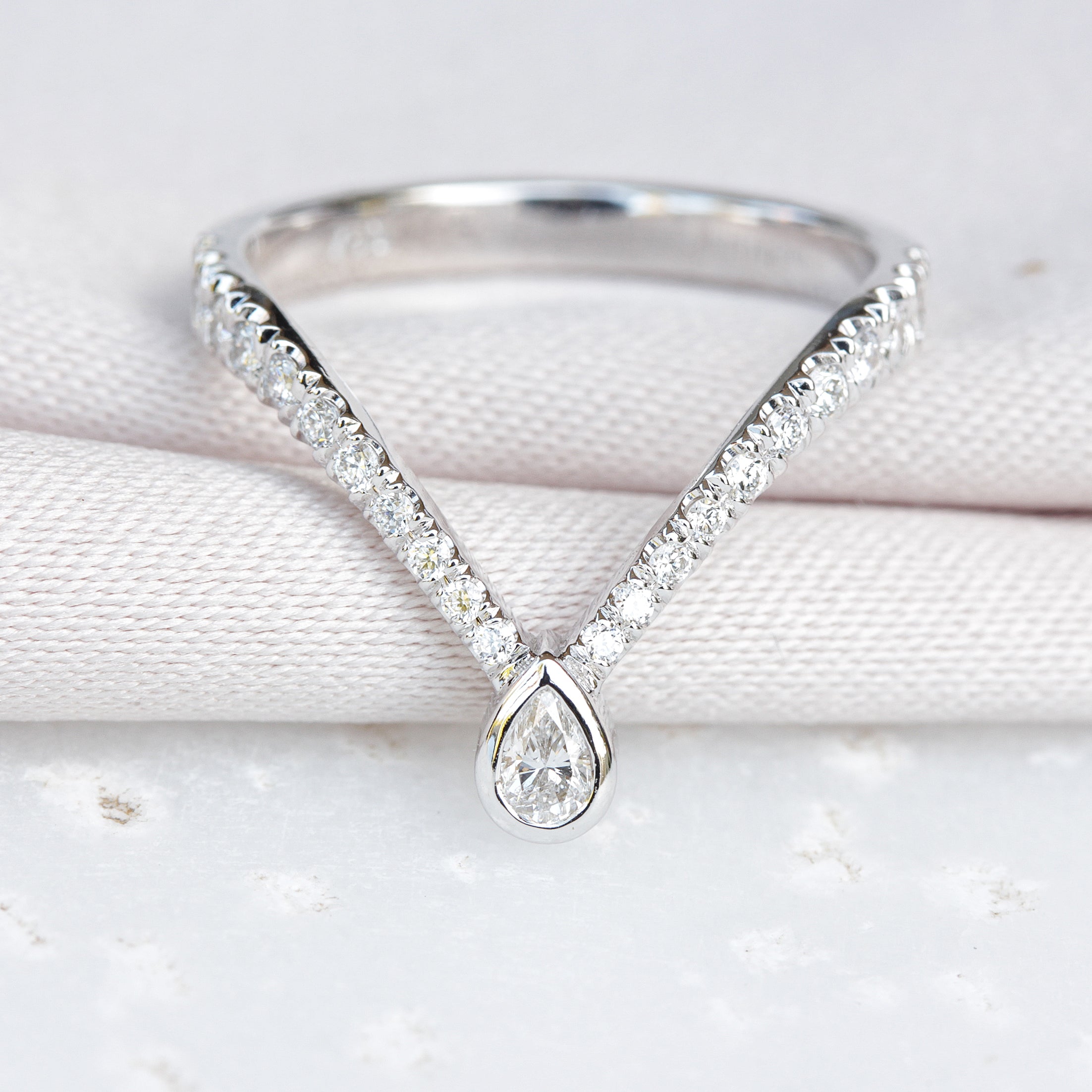 Deep V chevron diamond ring with Pear diamond tip - sillyshinydiamonds