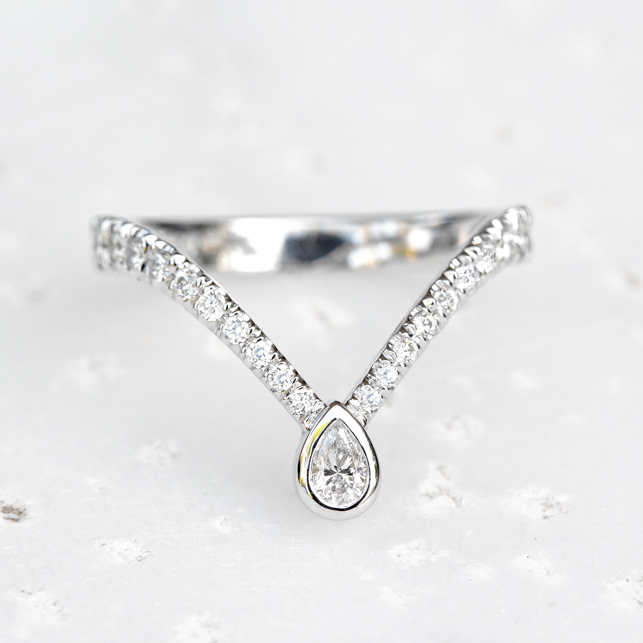 Deep V chevron diamond ring with Pear diamond tip - sillyshinydiamonds