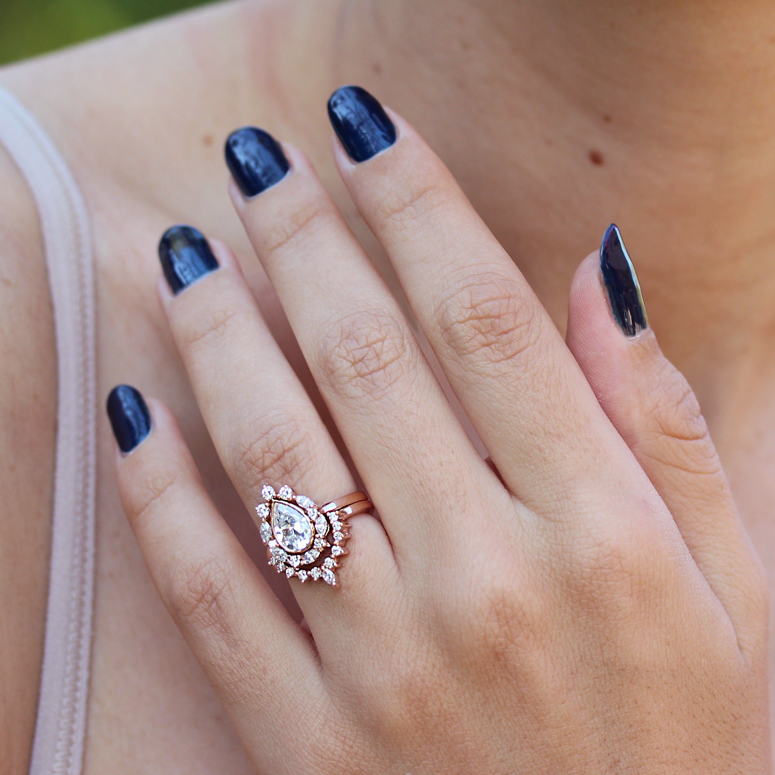 Pear Moissanite & Unique Diamonds Halo Engagement Rings Set Ballerina - sillyshinydiamonds