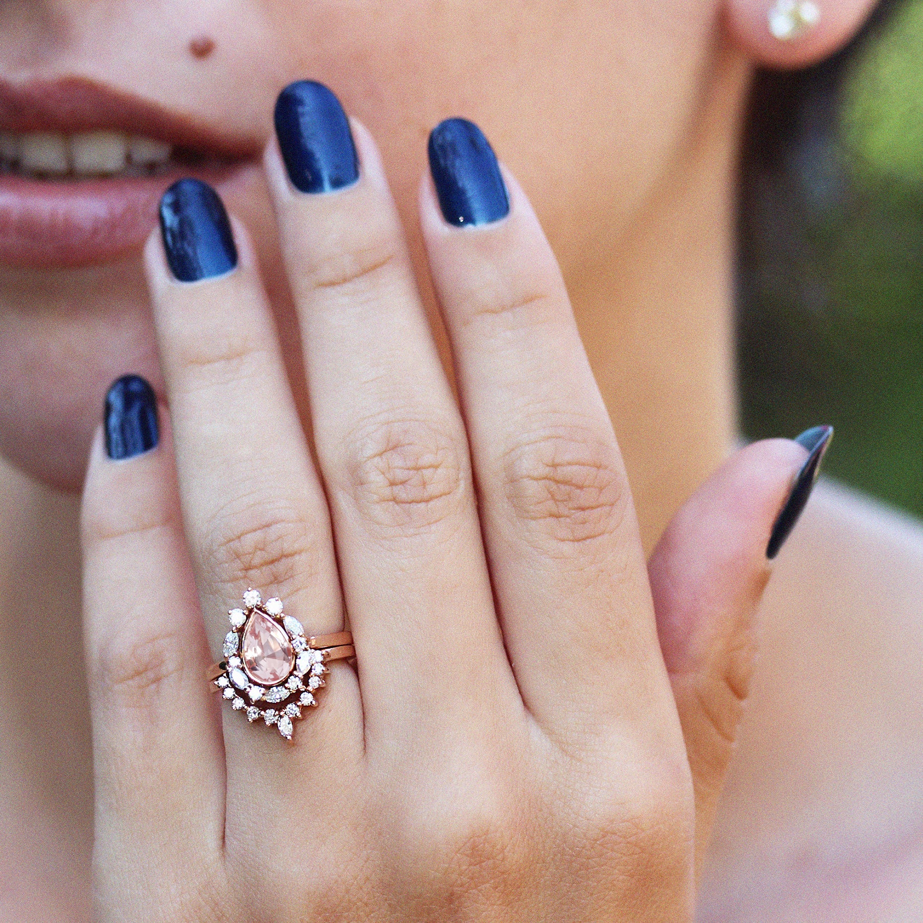 Pear Morganite & Unique Diamonds Halo Engagement Rings Set Ballerina - sillyshinydiamonds