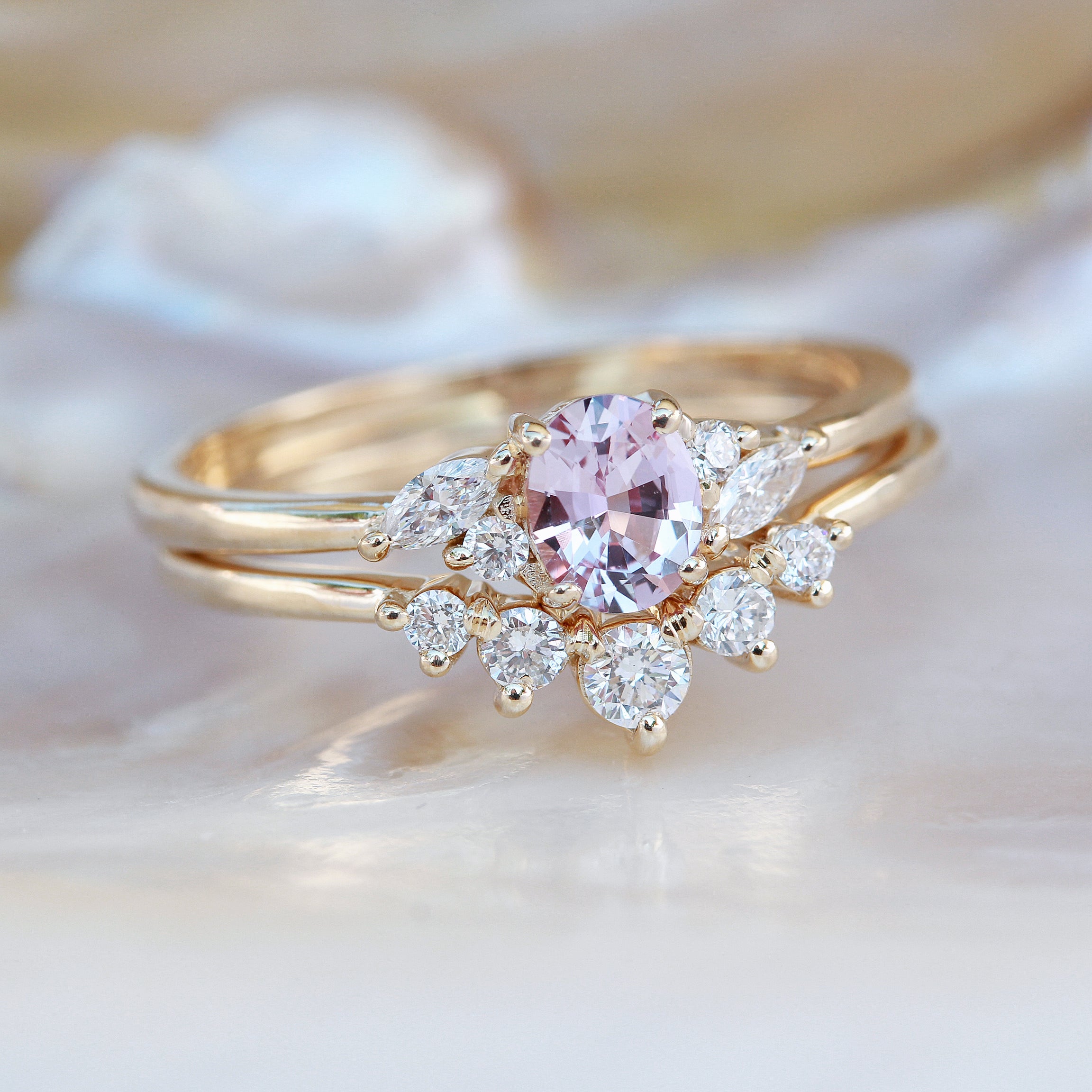 Oval Pink Sapphire & Diamonds Delicate Engagement Ring - Ella