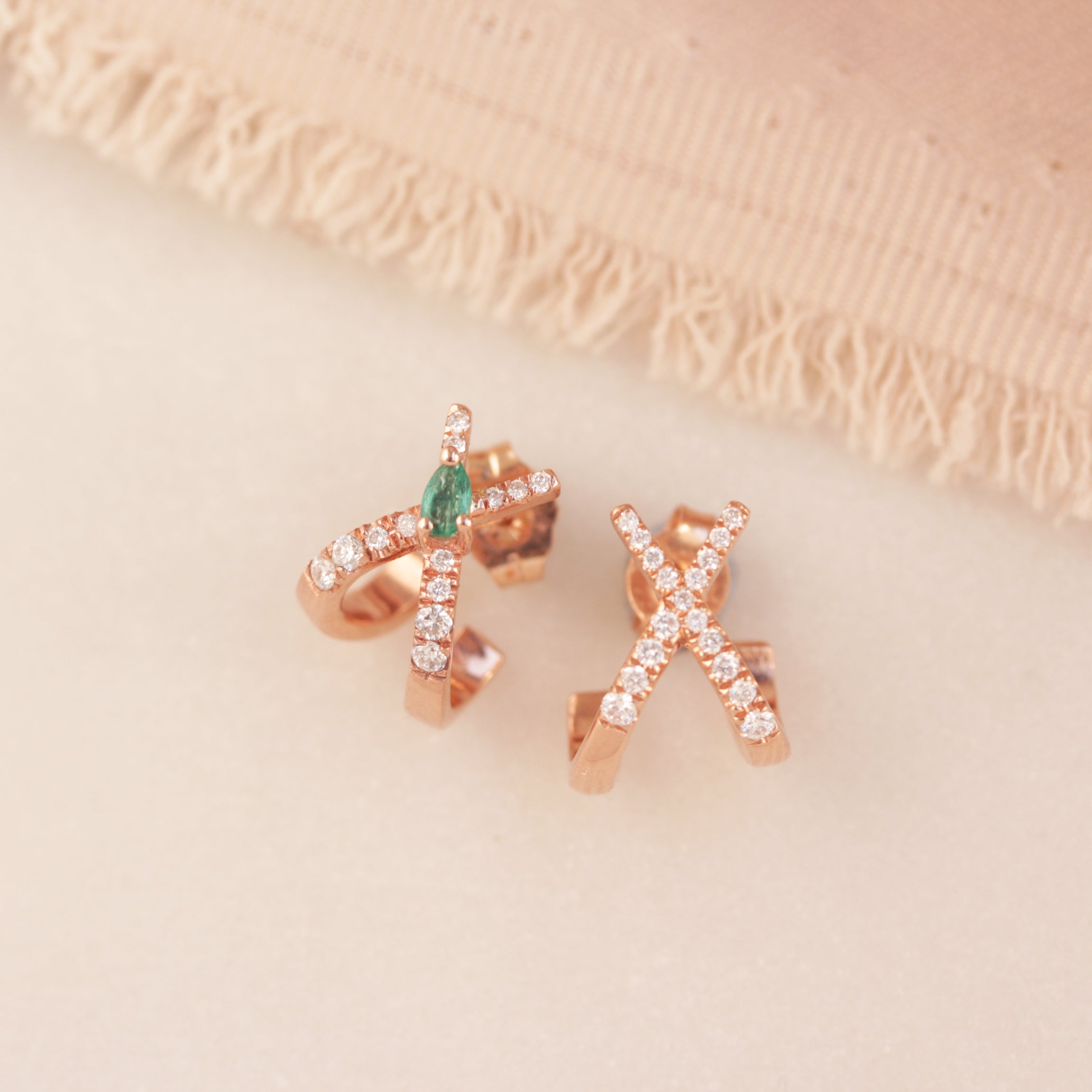 X Huggie Diamond Earrings with Pear-Shaped Emerald