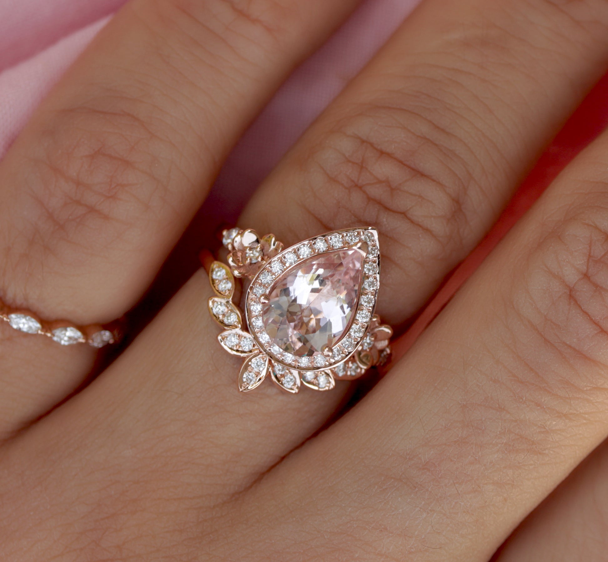 2 carat Pear Pink Morganite and 7 Leaves Diamond Sideband, Wedding Ring Set- "Antheia Bloom"