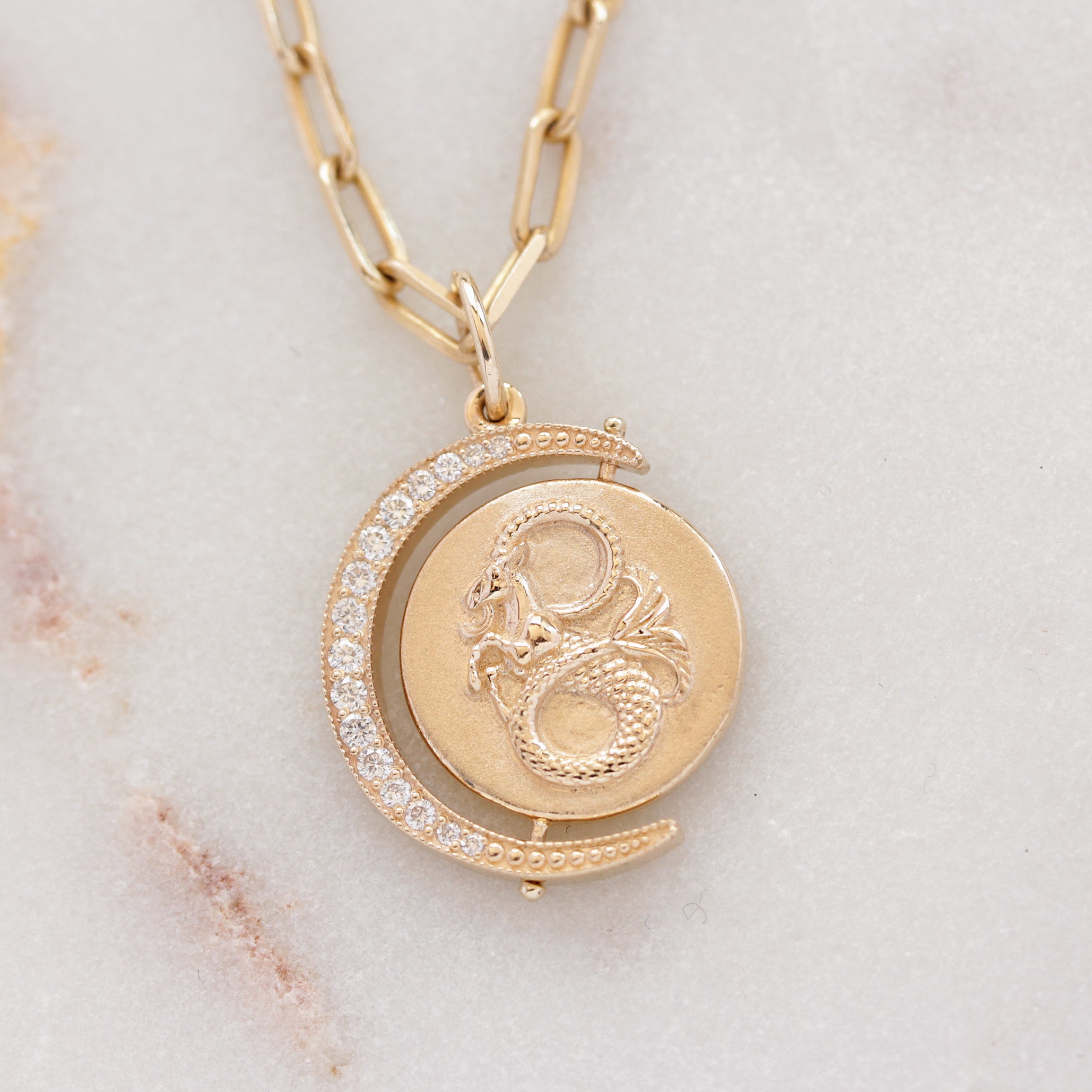 Astrology Signs Spinning Diamond Crescent Coin Pendant Written In The Stars