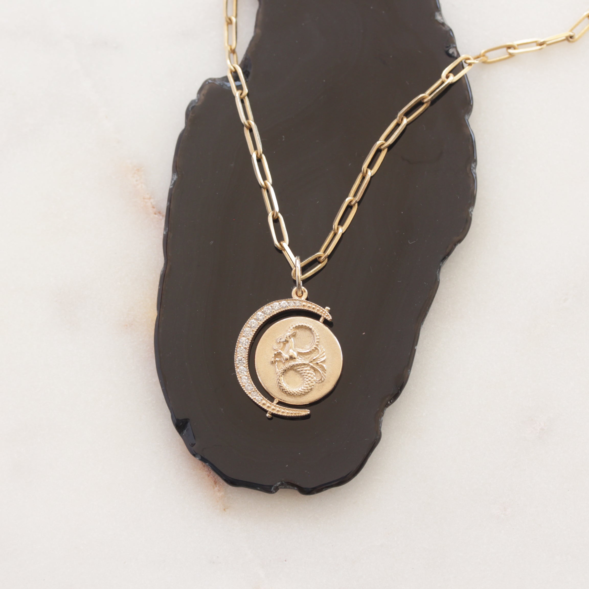 Astrology Signs Spinning Diamond Crescent Coin Pendant Written In The Stars