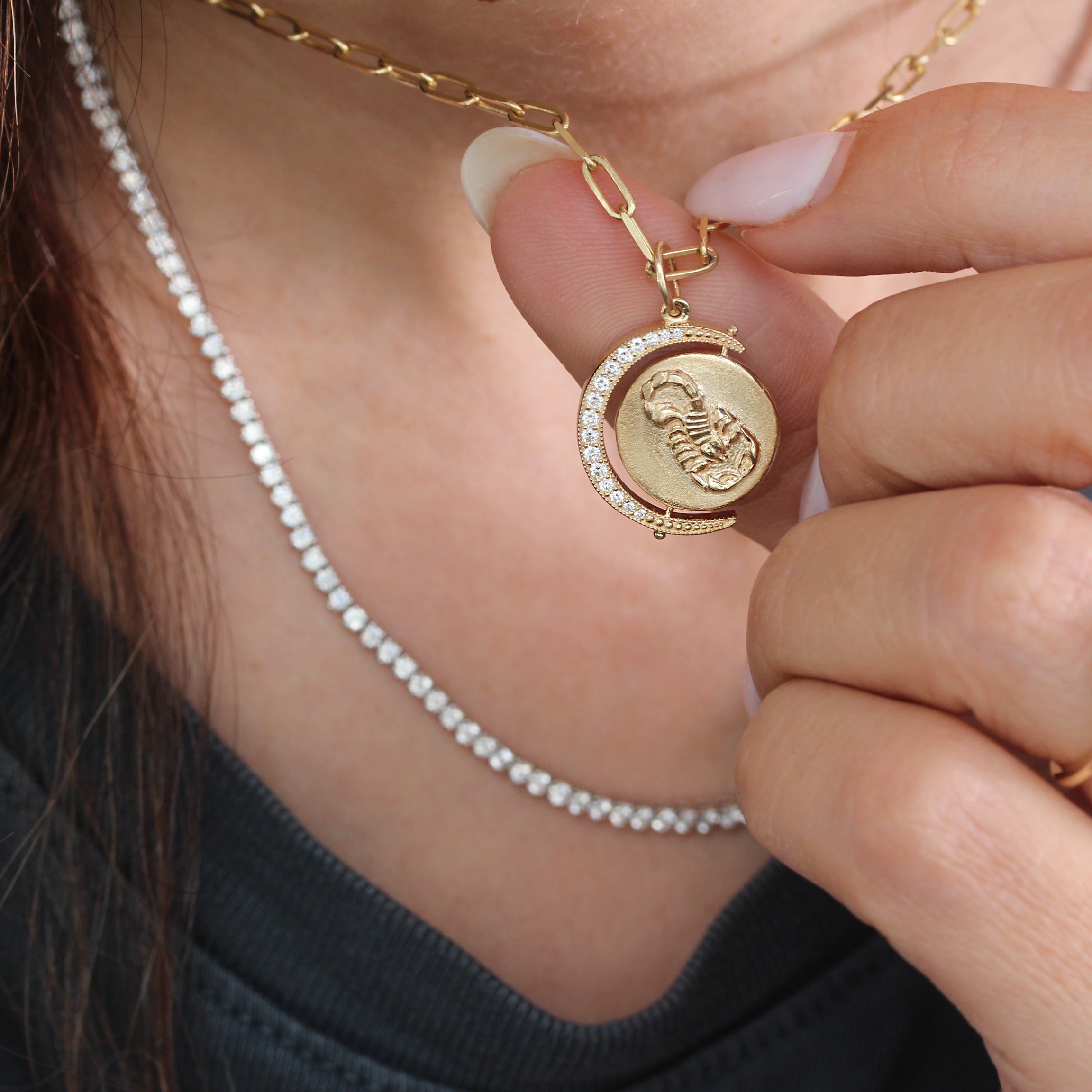 Astrology Signs Spinning Diamond Crescent Coin Pendant Written In The Stars