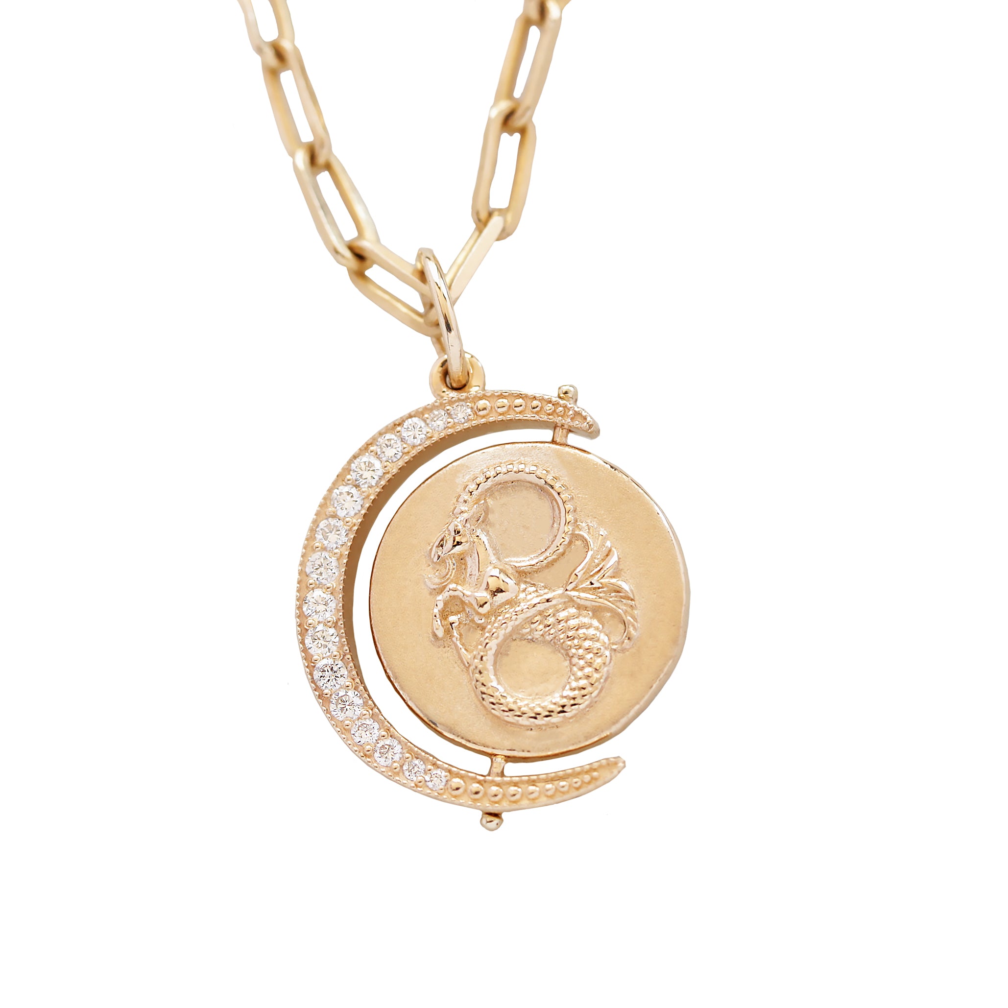 Astrology Signs Spinning Diamond Crescent Coin Pendant Written In The Stars