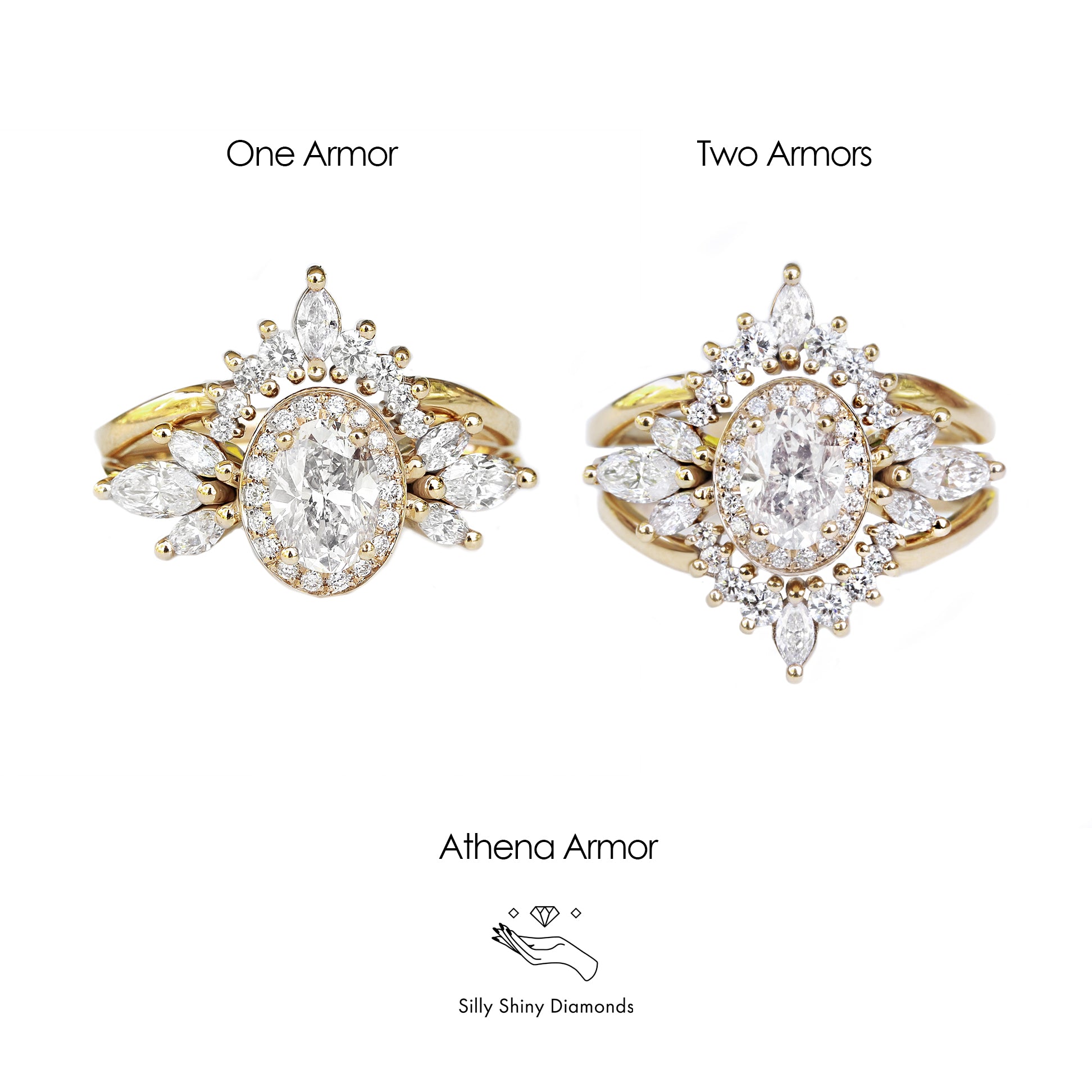 oval diamond halo engagement ring with two matching nesting rings Athena and Athena armor