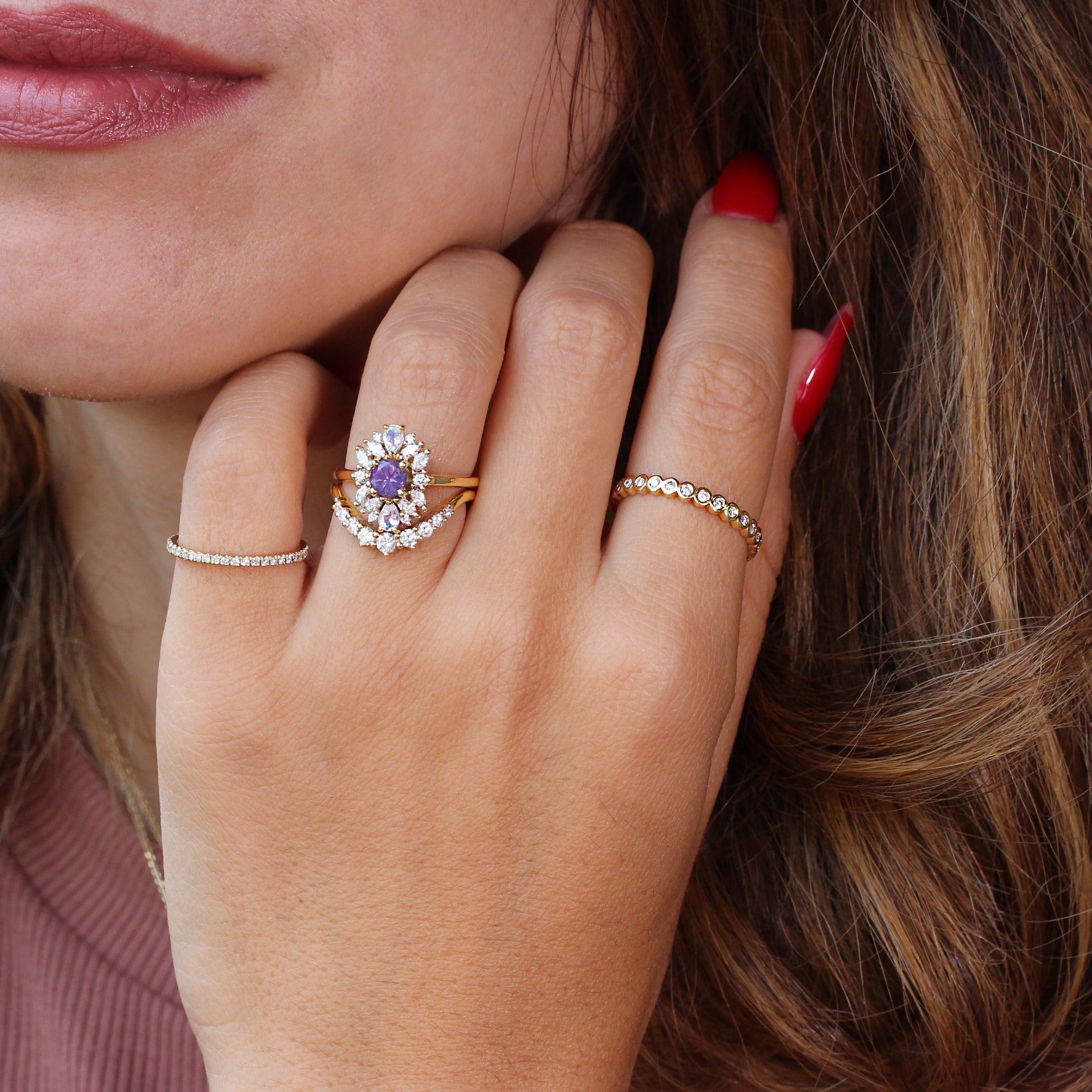 Lavender purple sapphire, moonstone and diamonds cluster engagement ring, Odisea