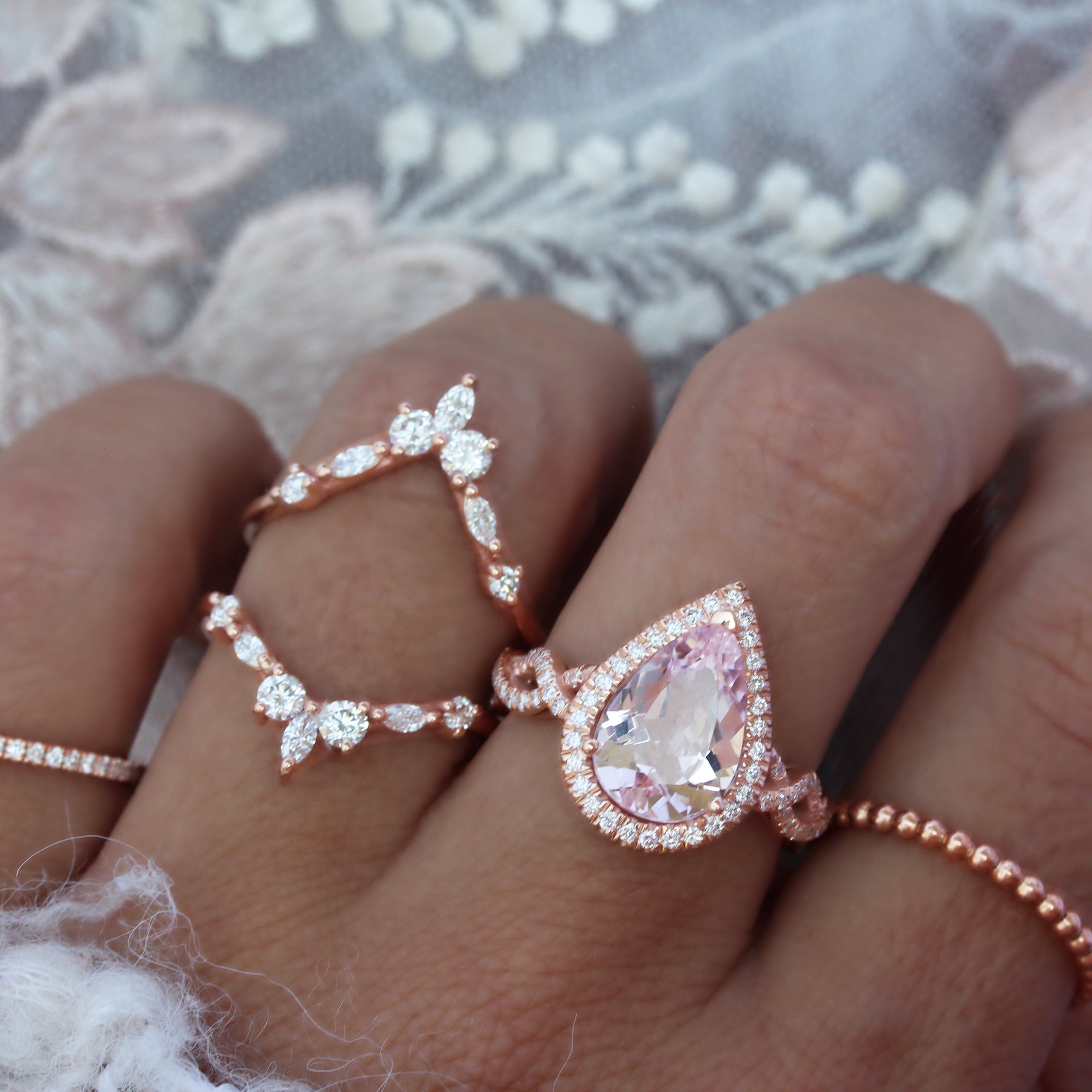 Pear Pink Morganite Twist Shank Band Engagement Ring & "Iceland" Ring Guard Wedding Set - "Elise"