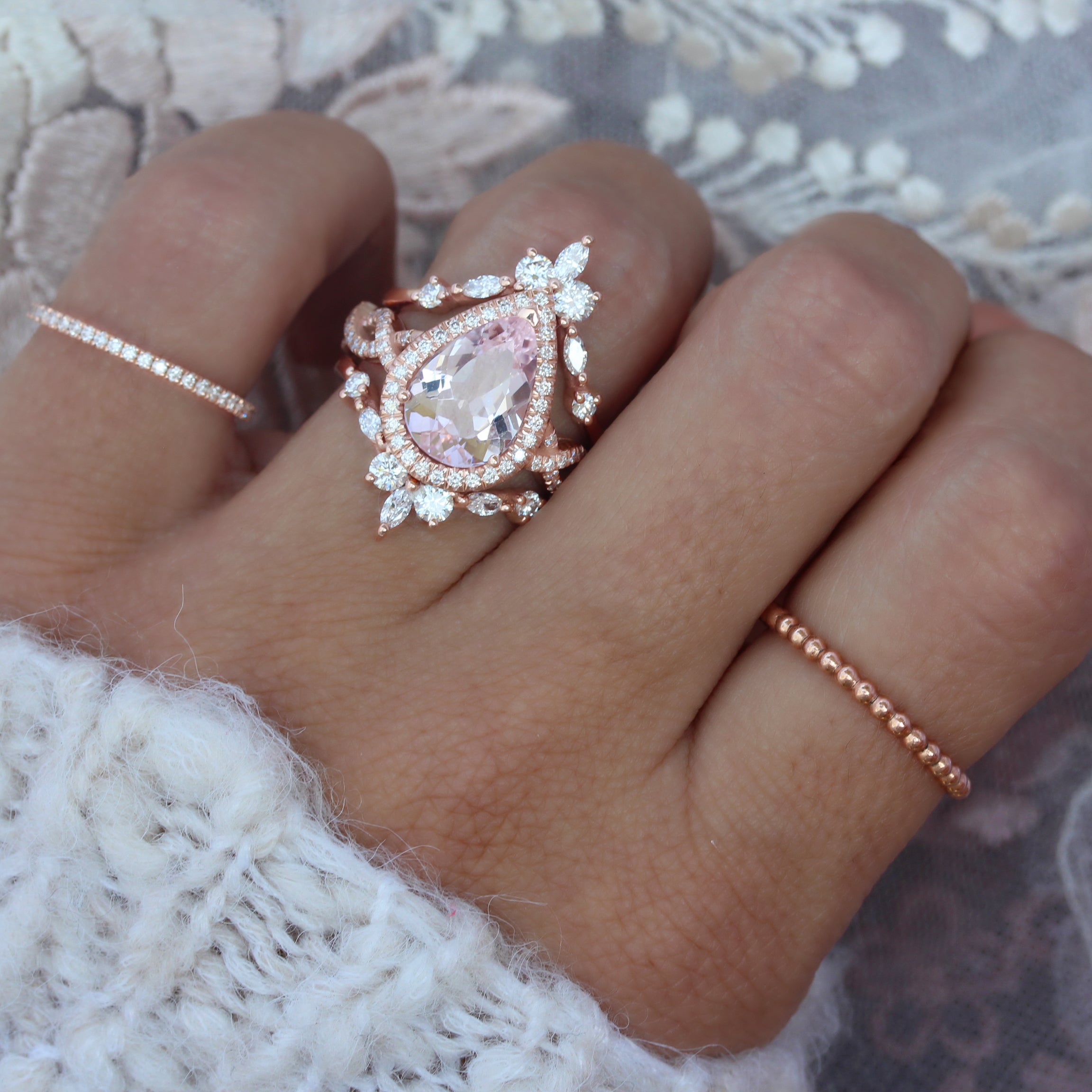 Pear Pink Morganite Twist Shank Band Engagement Ring & "Iceland" Ring Guard Wedding Set - "Elise"