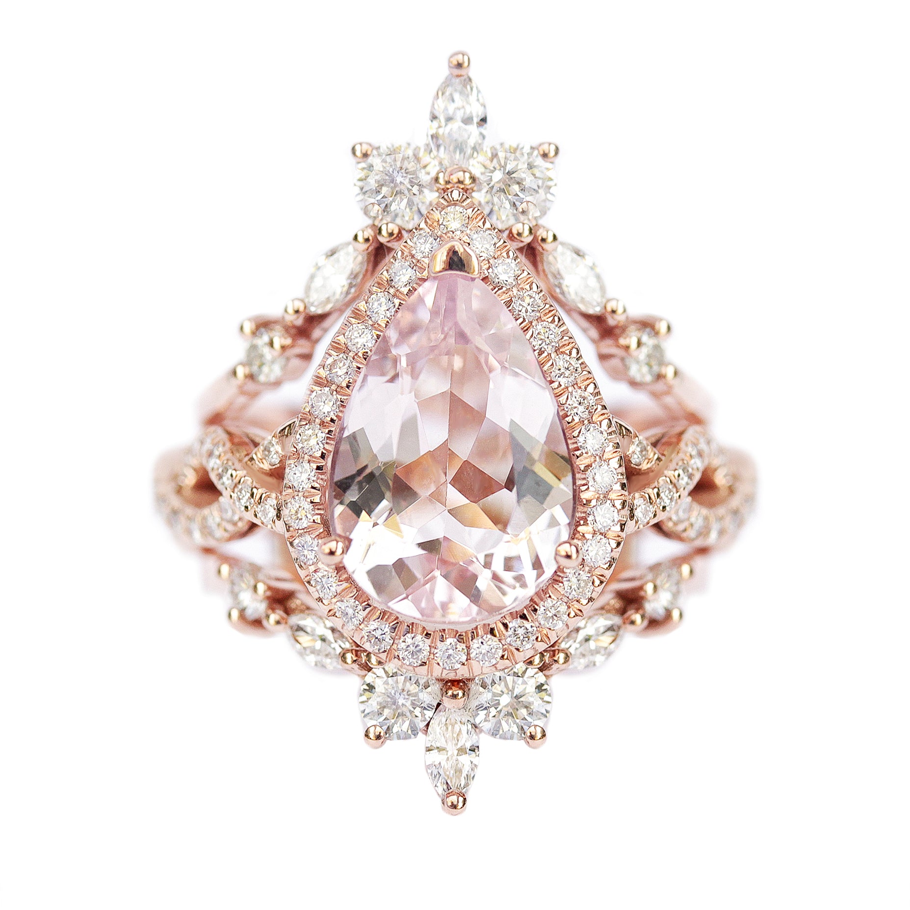 Pear Pink Morganite Twist Shank Band Engagement Ring & "Iceland" Ring Guard Wedding Set - "Elise"