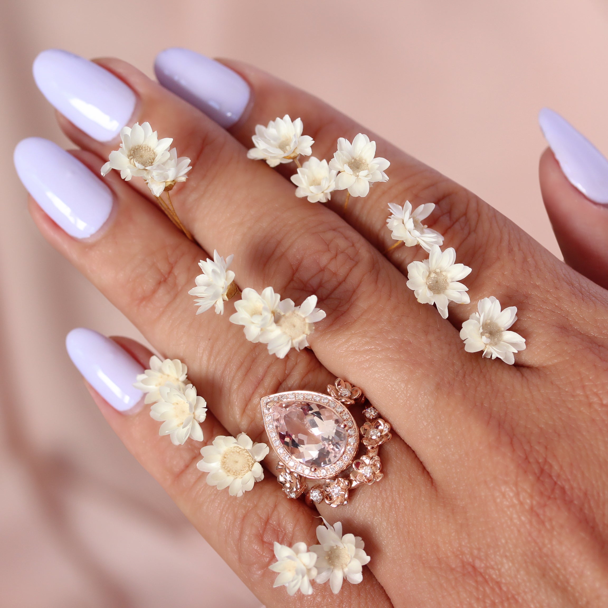 Big Pear Morganite and Flowers Diamond Sideband, Wedding Ring Set- "Antheia Flower" ♥