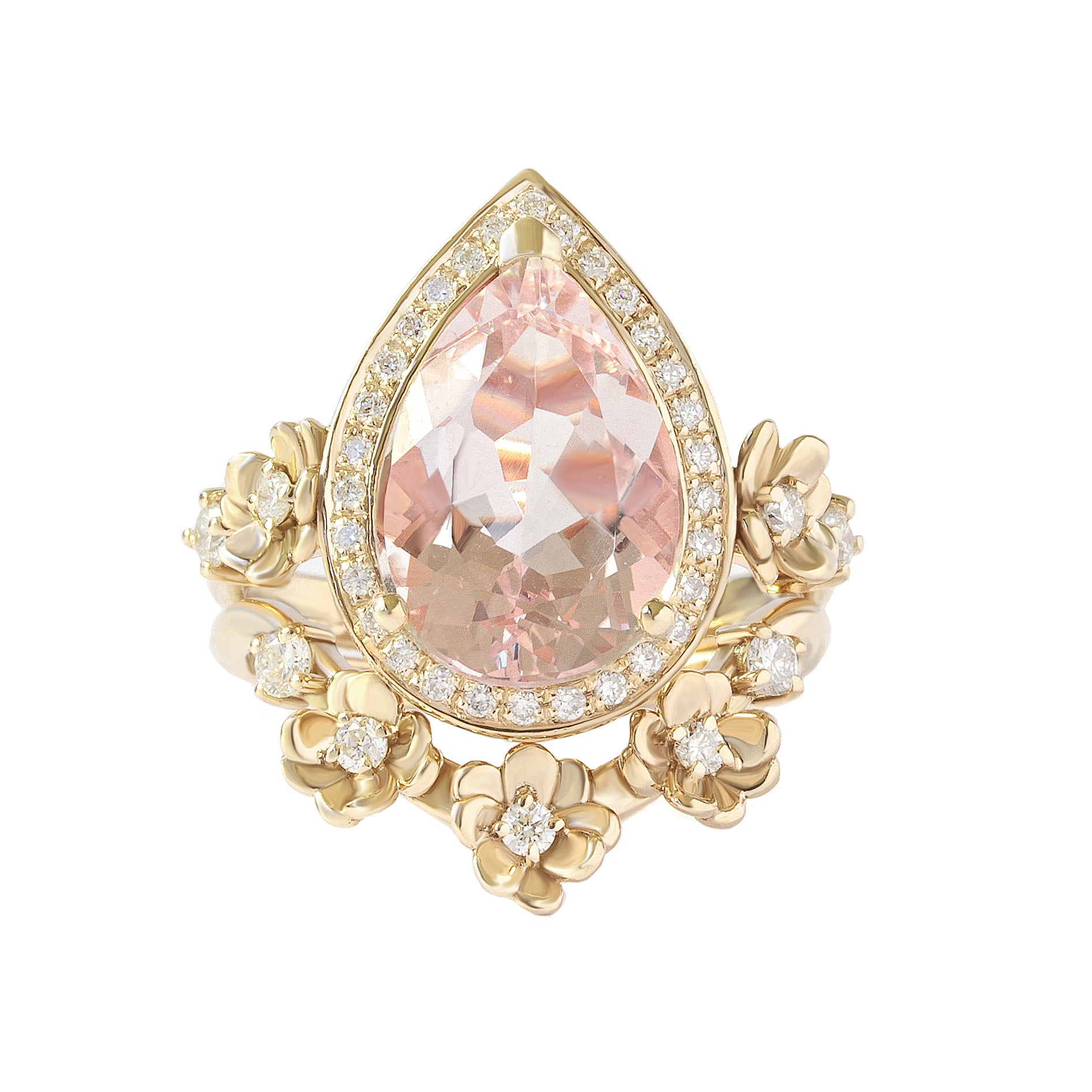 Big Pear Morganite and Flowers Diamond Sideband, Wedding Ring Set- "Antheia Flower" ♥