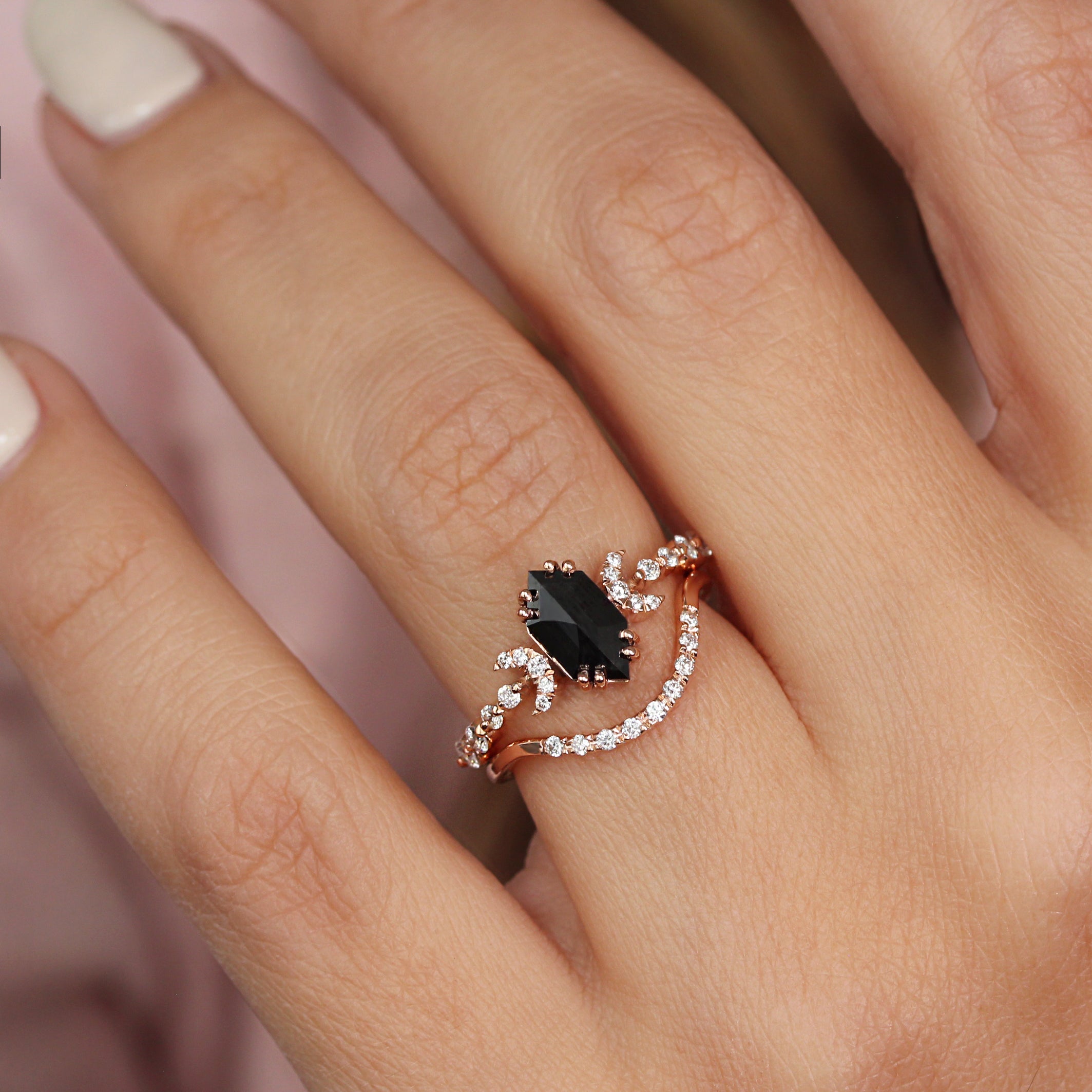 Black Long Elongated Hexagon Diamond Alternative Engagement Ring - Two Moons ♥