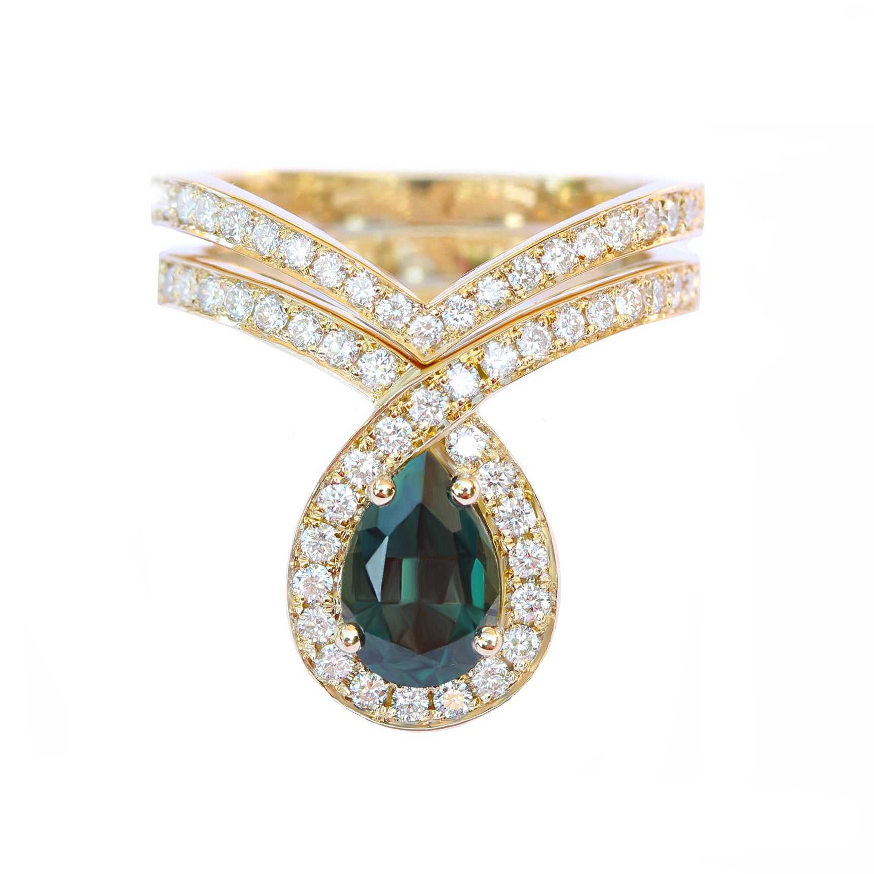 סט טבעות אירוסין ייחודיות של Teal Sapphire & Diamond Halo Loop, Bliss ♥