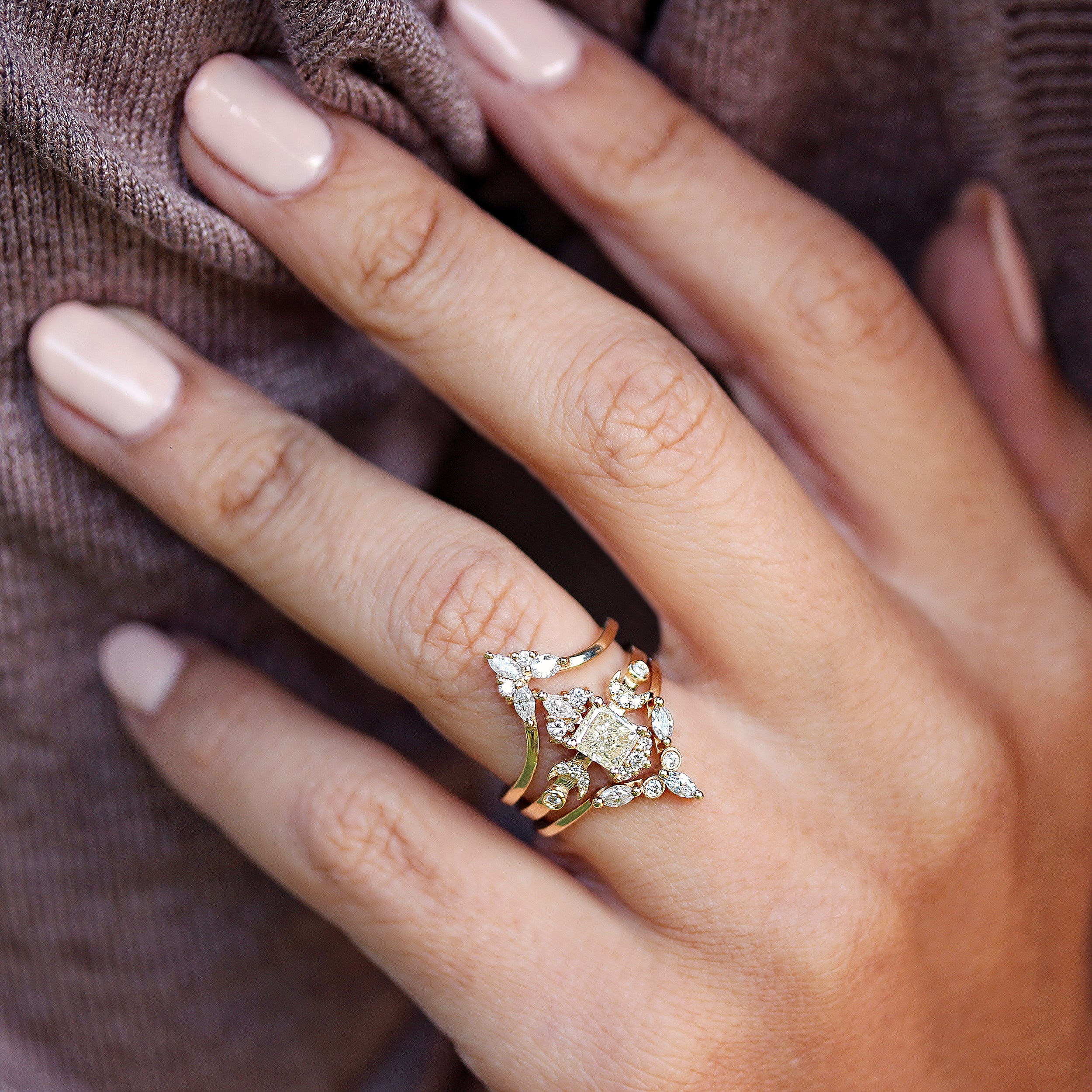 Celestial Doorway to Heaven Hindi Moon Phase Square Diamond Engagement Ring & Amber Nesting Ring - sillyshinydiamonds