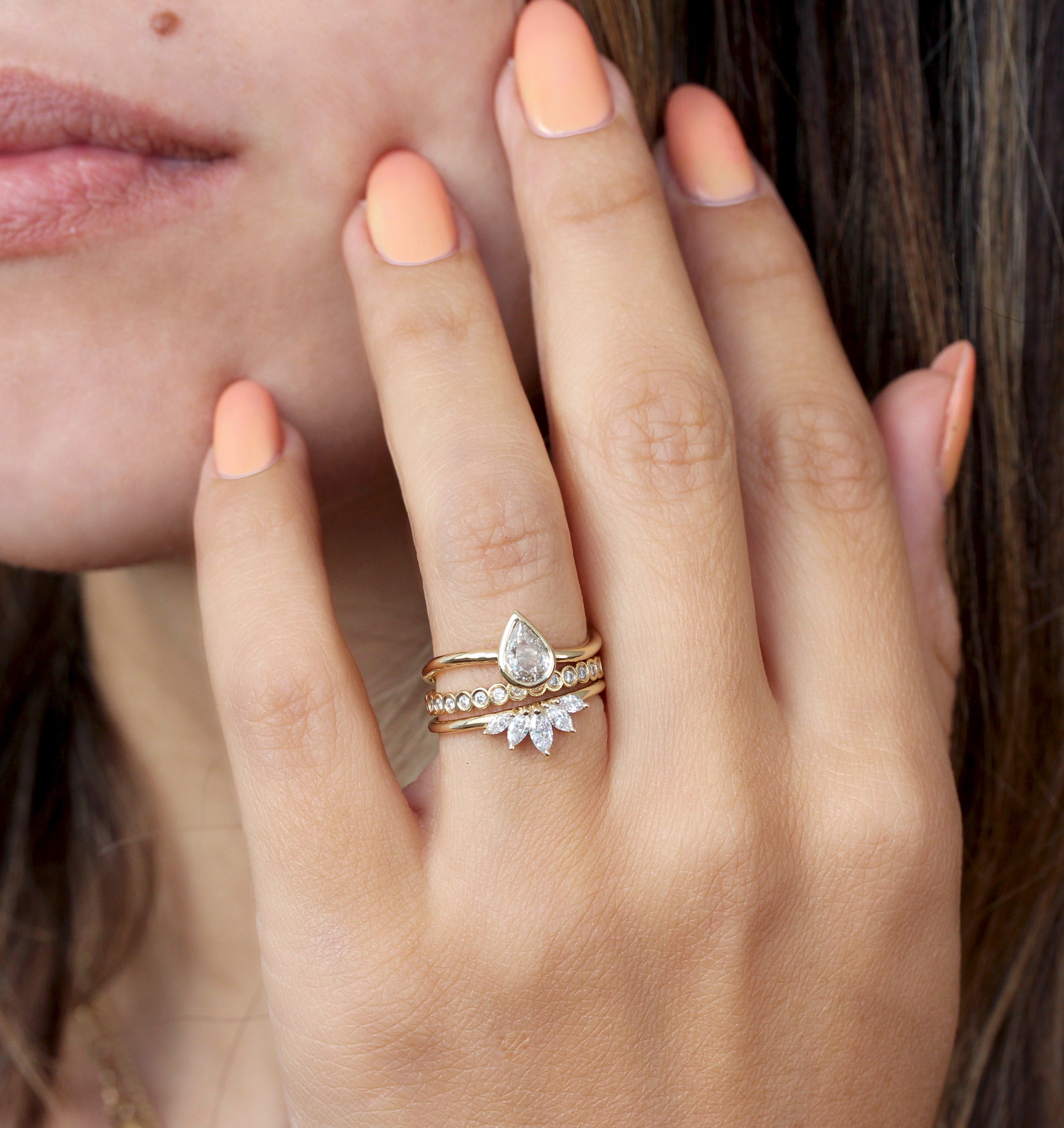 OOAK Solitaire Bezel Set, Rose Cut Pear Shape, Champagne Diamond Infinity Knot Engagement Ring, 14K Yellow Gold, Size 6