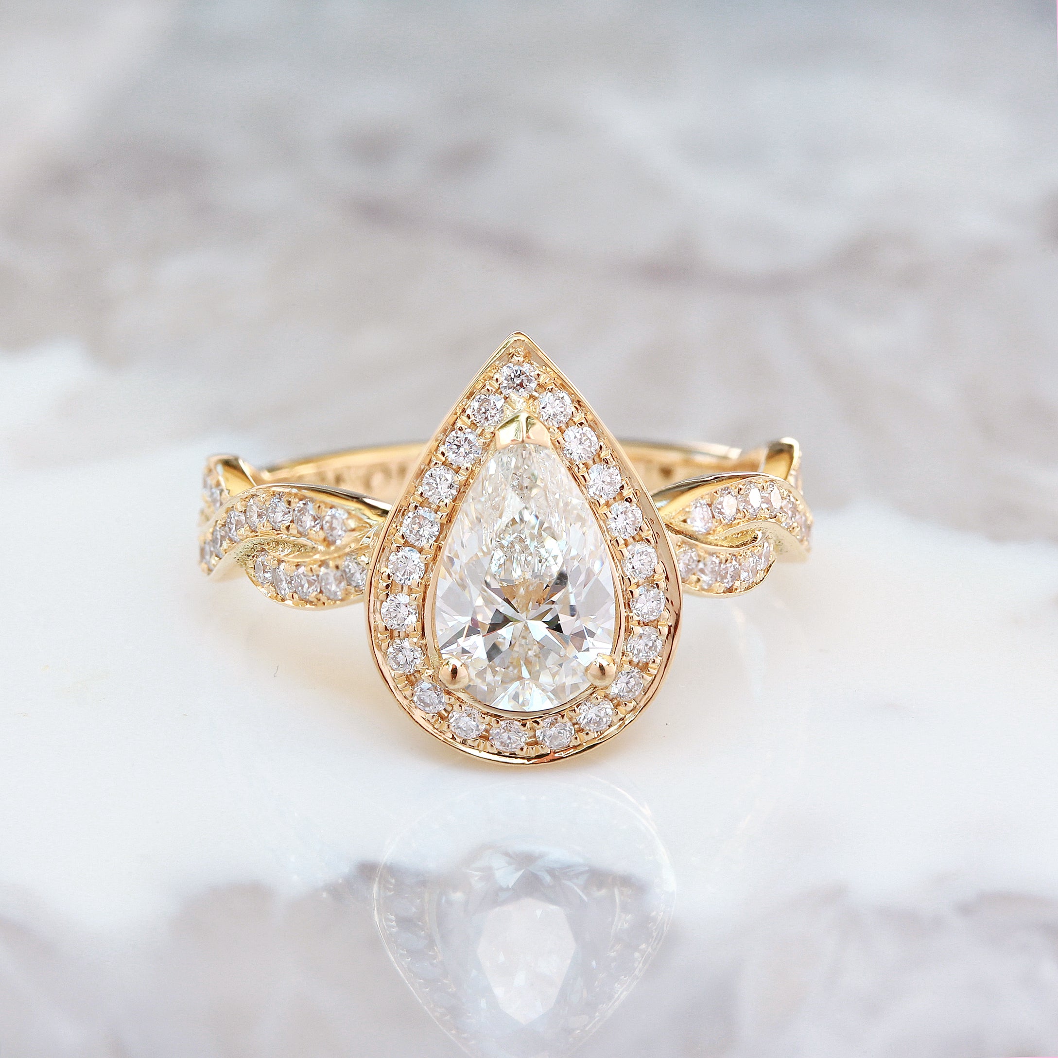 1 carat Pear diamond halo twist band shank engagement ring - "Zeus" ♥