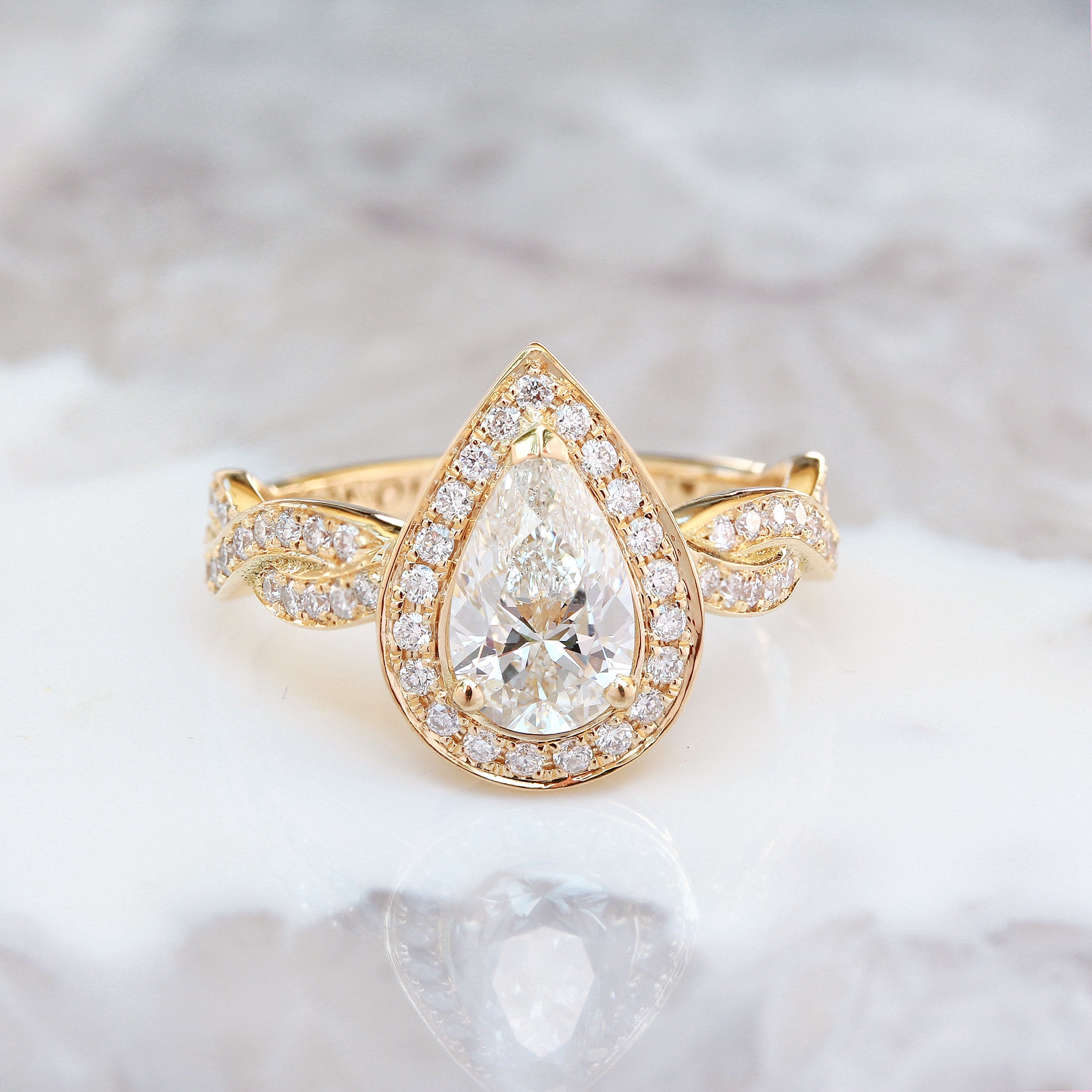 1 carat Pear diamond halo twist band shank engagement ring - "Zeus" ♥