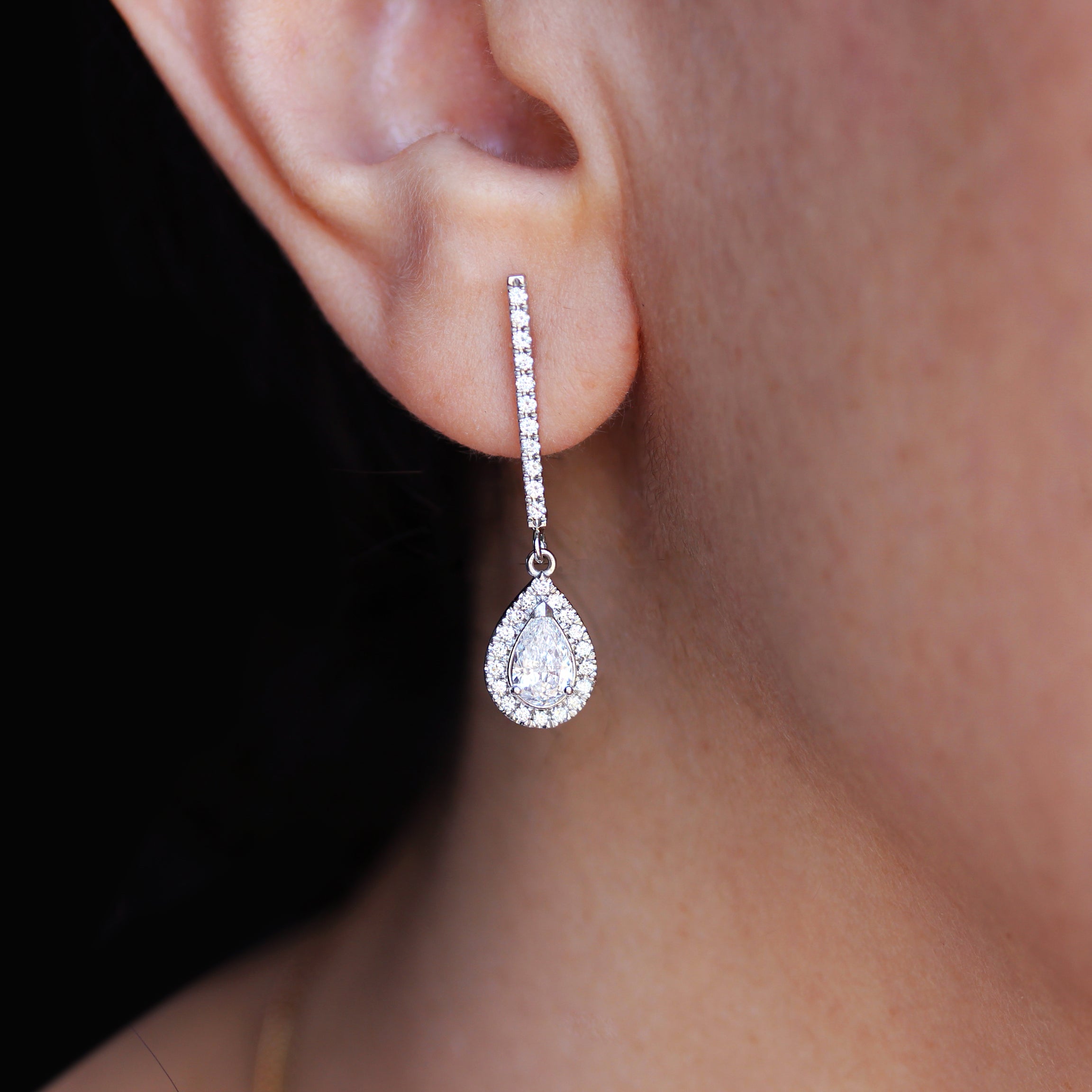 Diamond bar pear diamond halo drop earrings - sillyshinydiamonds