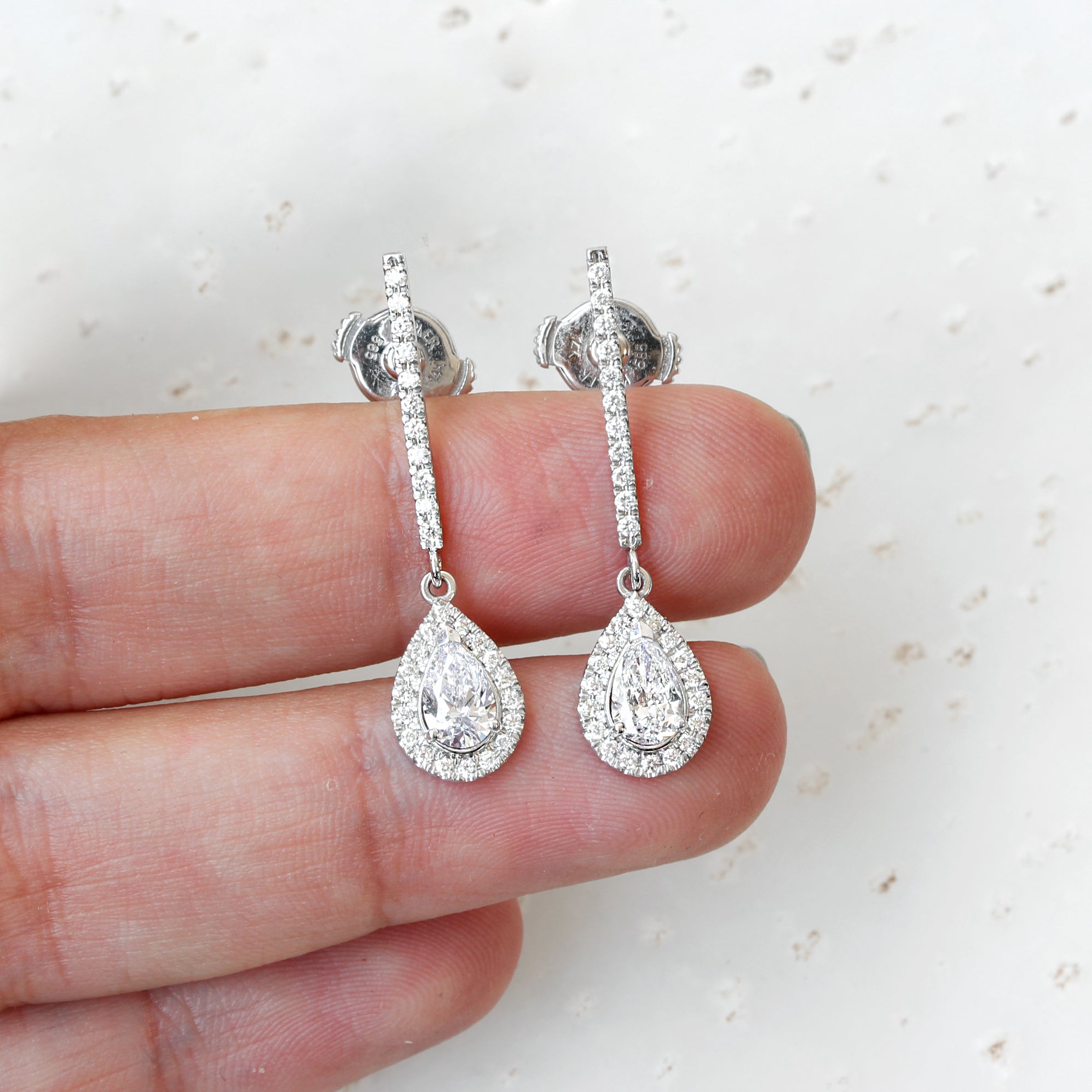 Diamond bar pear diamond halo drop earrings - sillyshinydiamonds