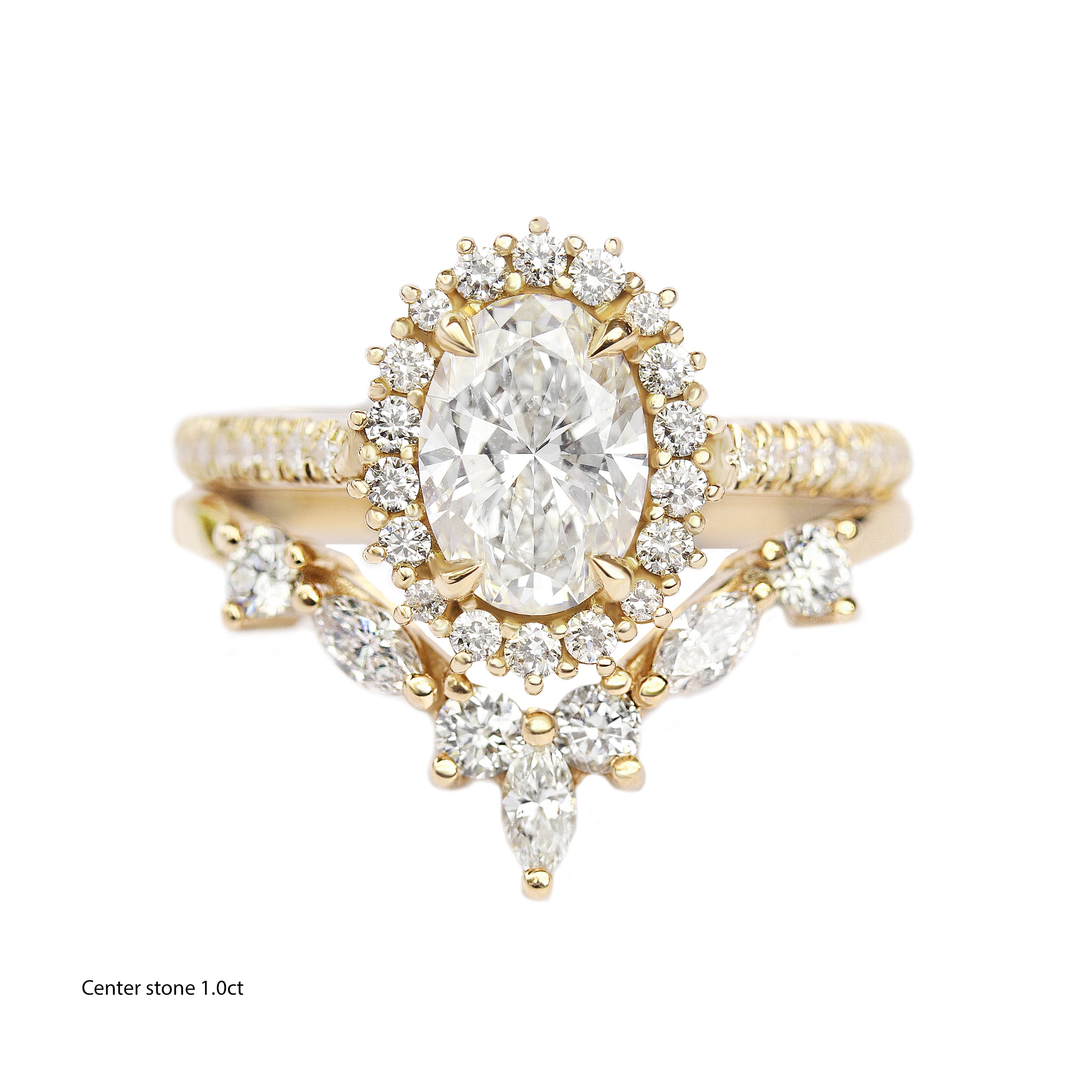 Oval Diamond Halo Engagement ring "Nia" & "Hermes" Wedding Band Two Rings Set