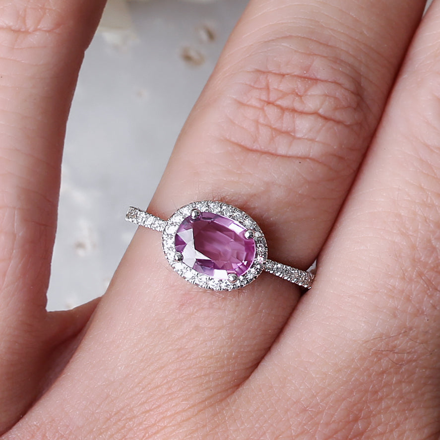 Oval Pink Sapphire & Diamond Halo, Ivy engagement ring - sillyshinydiamonds