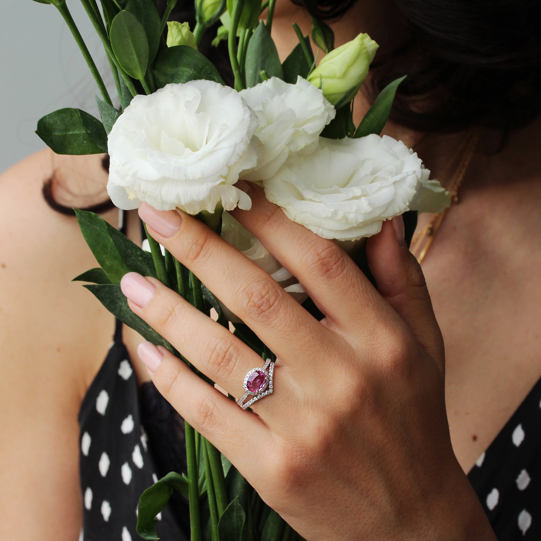 Oval Pink Sapphire & Diamond Halo, Ivy engagement ring - 14K white gold, size 6.5 - sillyshinydiamonds